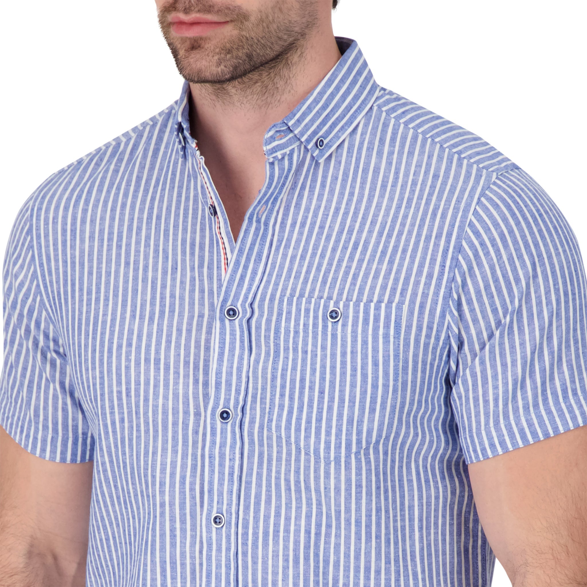 Brand Partner,International Report, International Report Blue Striped Short Sleeve Button Up, Blue, Medium-43-TagM