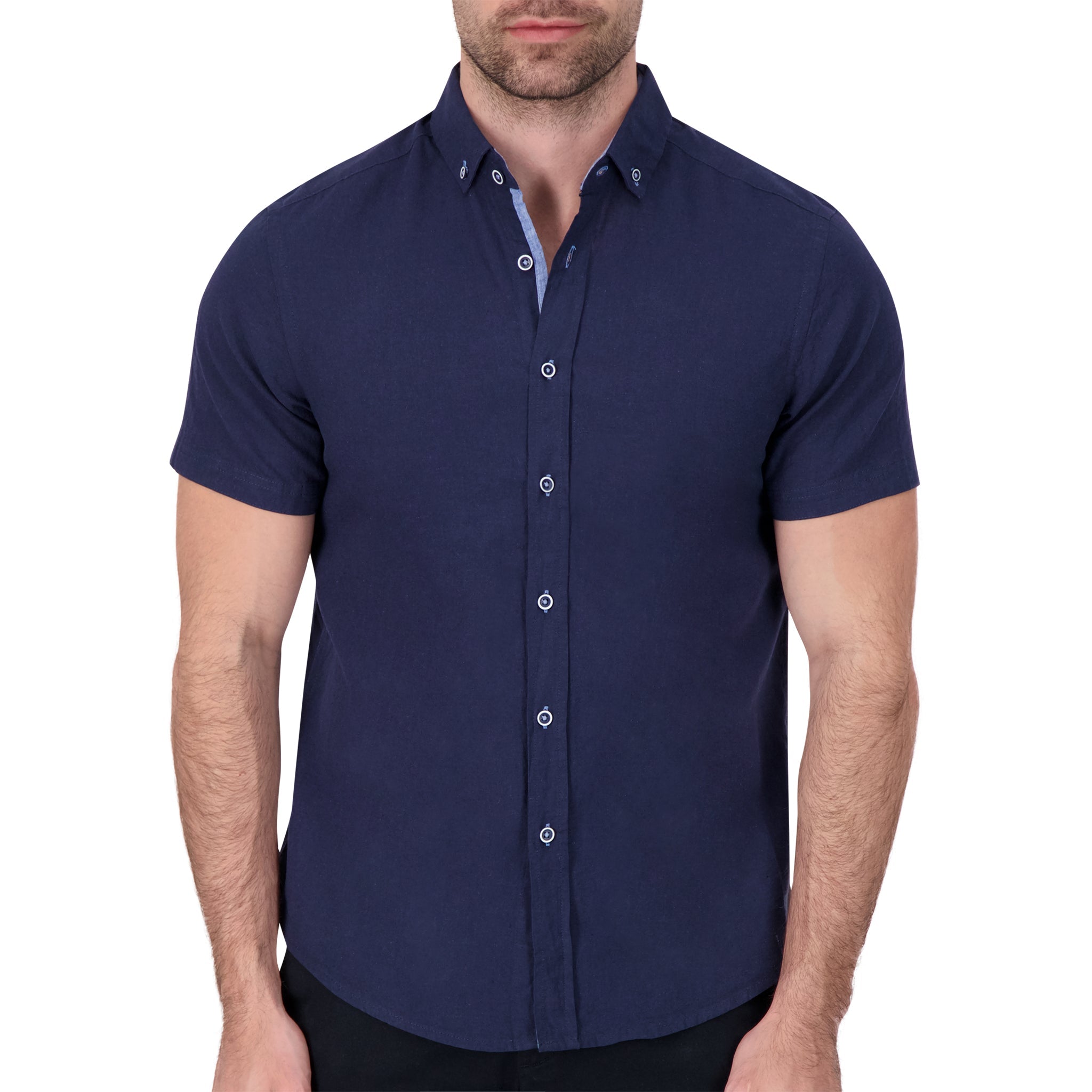 Brand Partner,International Report, International Report Navy Short Sleeve Button Up, Blue, Large-46-TagL