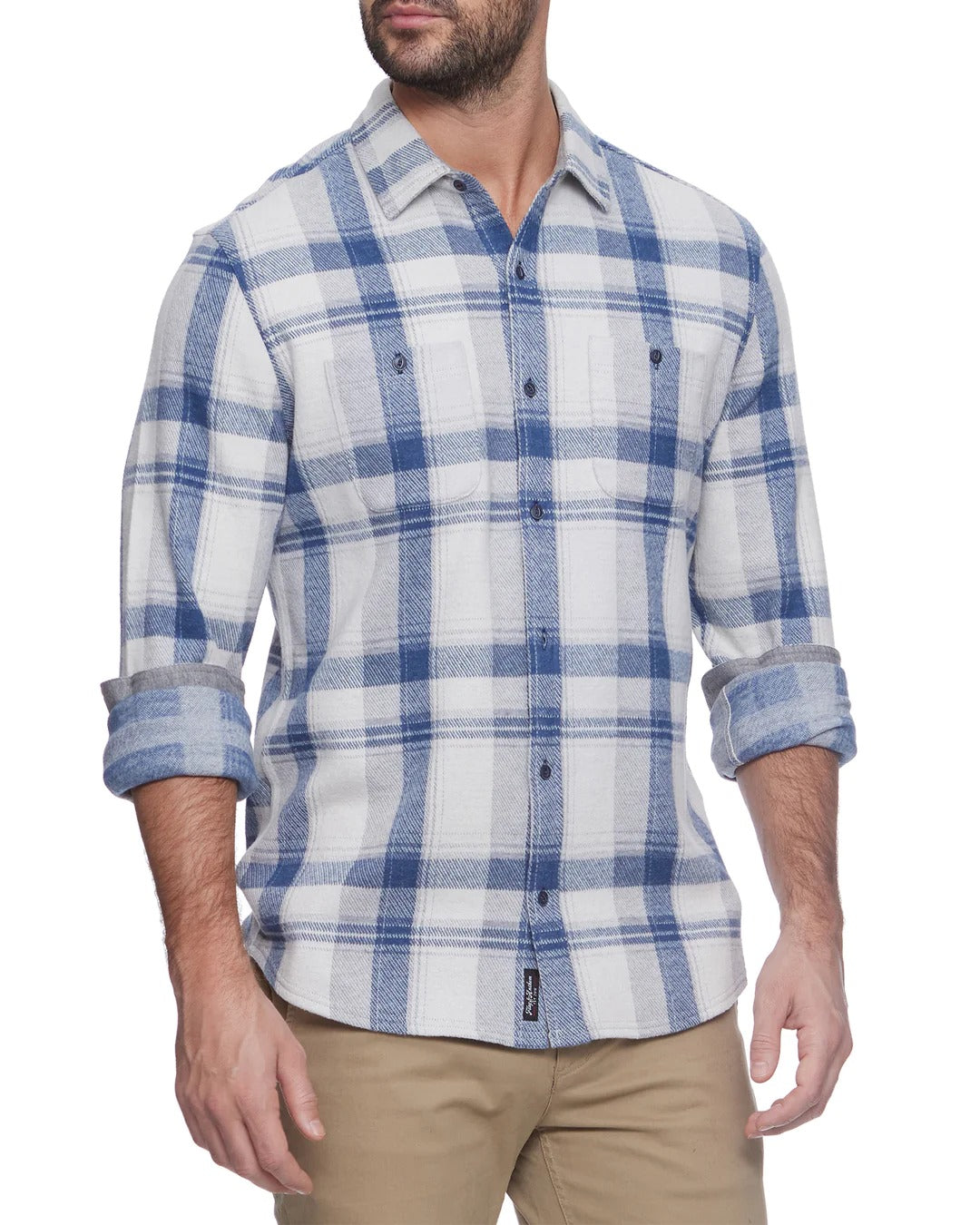 Wholesale,Flag & Anthem, Flag & Anthem Blue/Cream Plaid Knit Performance Flannel Shirt, Blue, Large-45-TagL