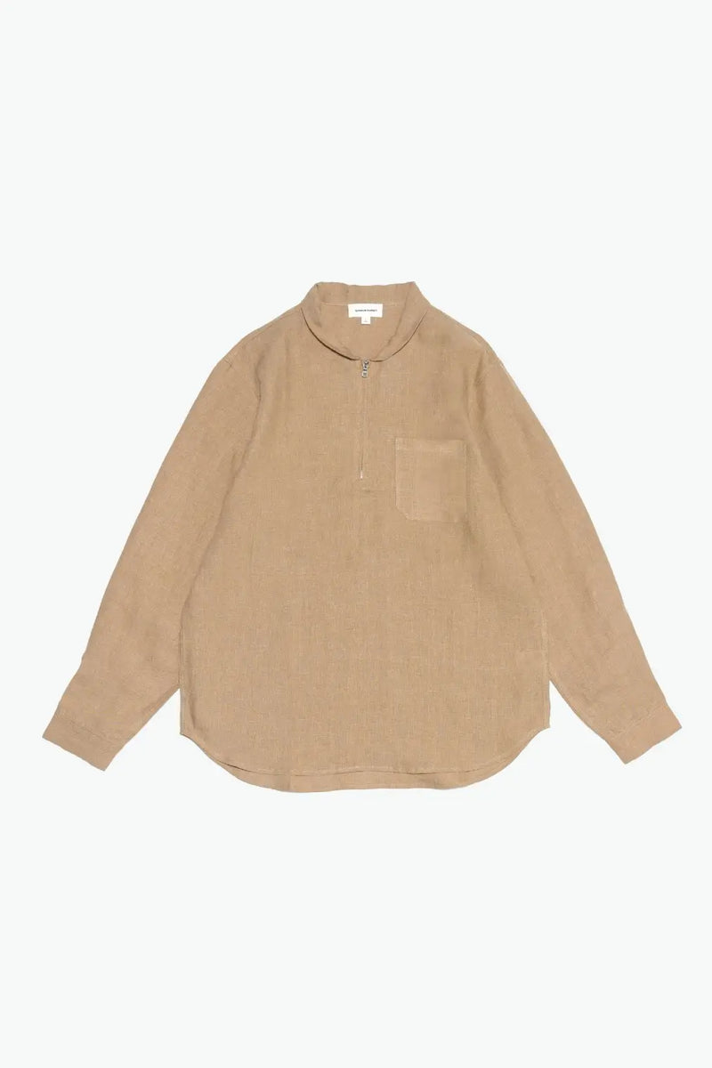 Common Market Tan Linen Quarter Zip Penny Collar Long Sleeve Shirt