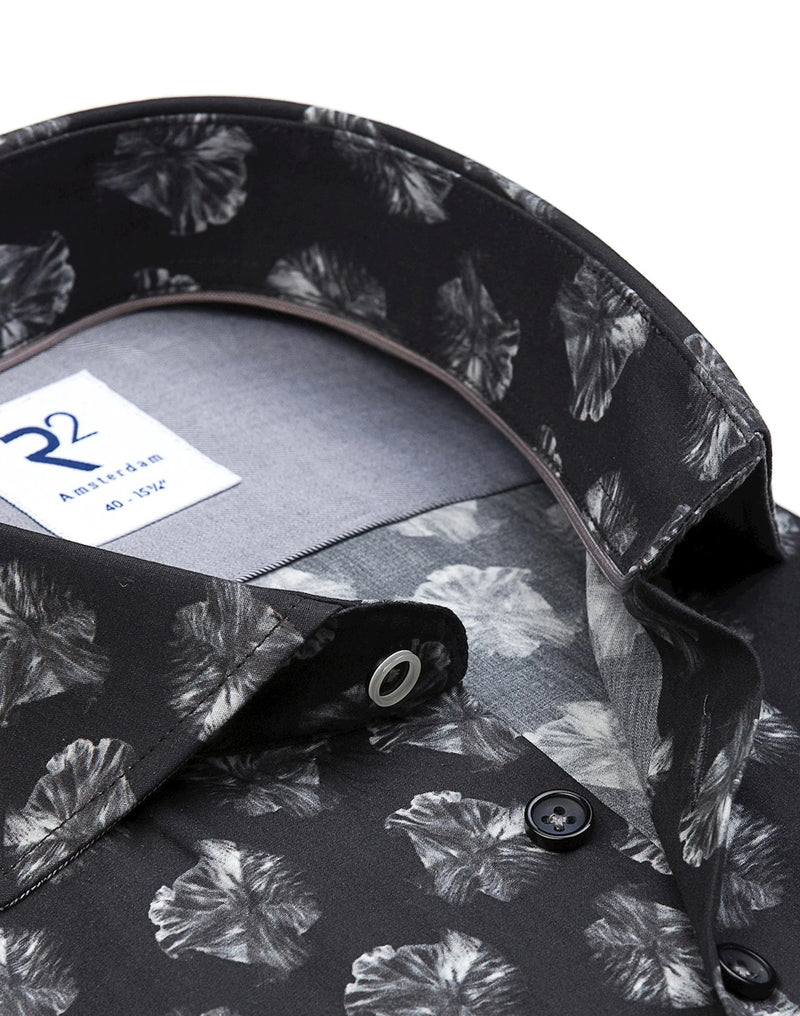 R2 Amsterdam Black Leaf Print Long Sleeve Button Up Shirt