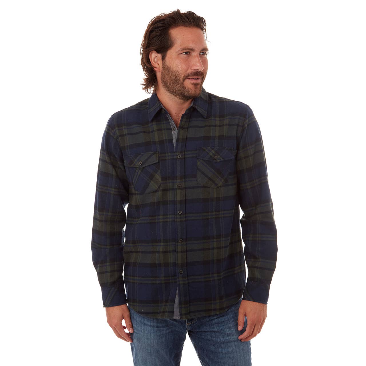 Faire,PX, PX Blue & Olive Green Plaid Flannel Long Sleeve Button Up Shirt, Blue, Medium-43-TagL