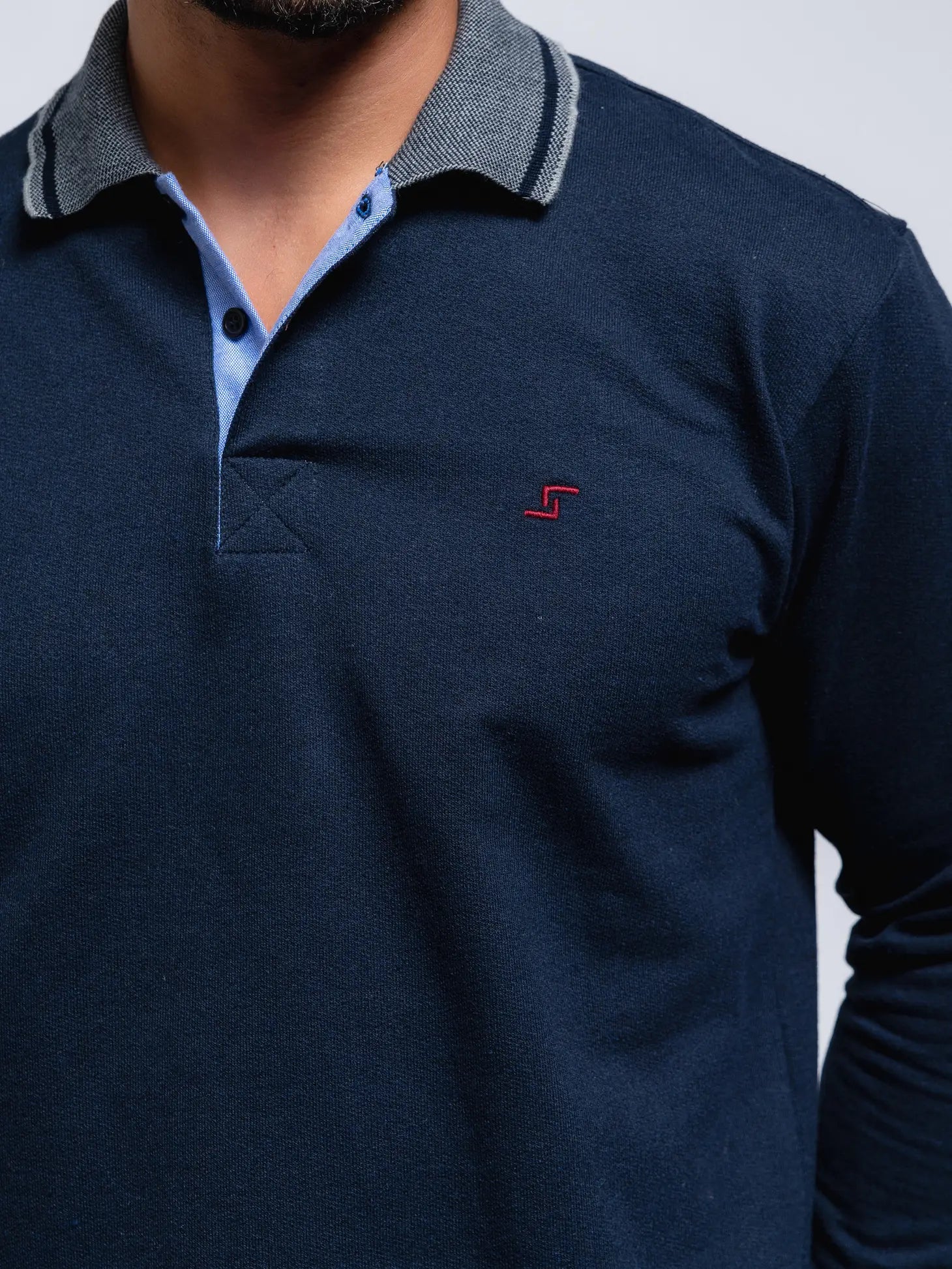 Faire,SMF, SMF Navy Knit Long Sleeve Button Up Polo With Contrast Collar And Cuff Detail, Blue, Large-44-TagL