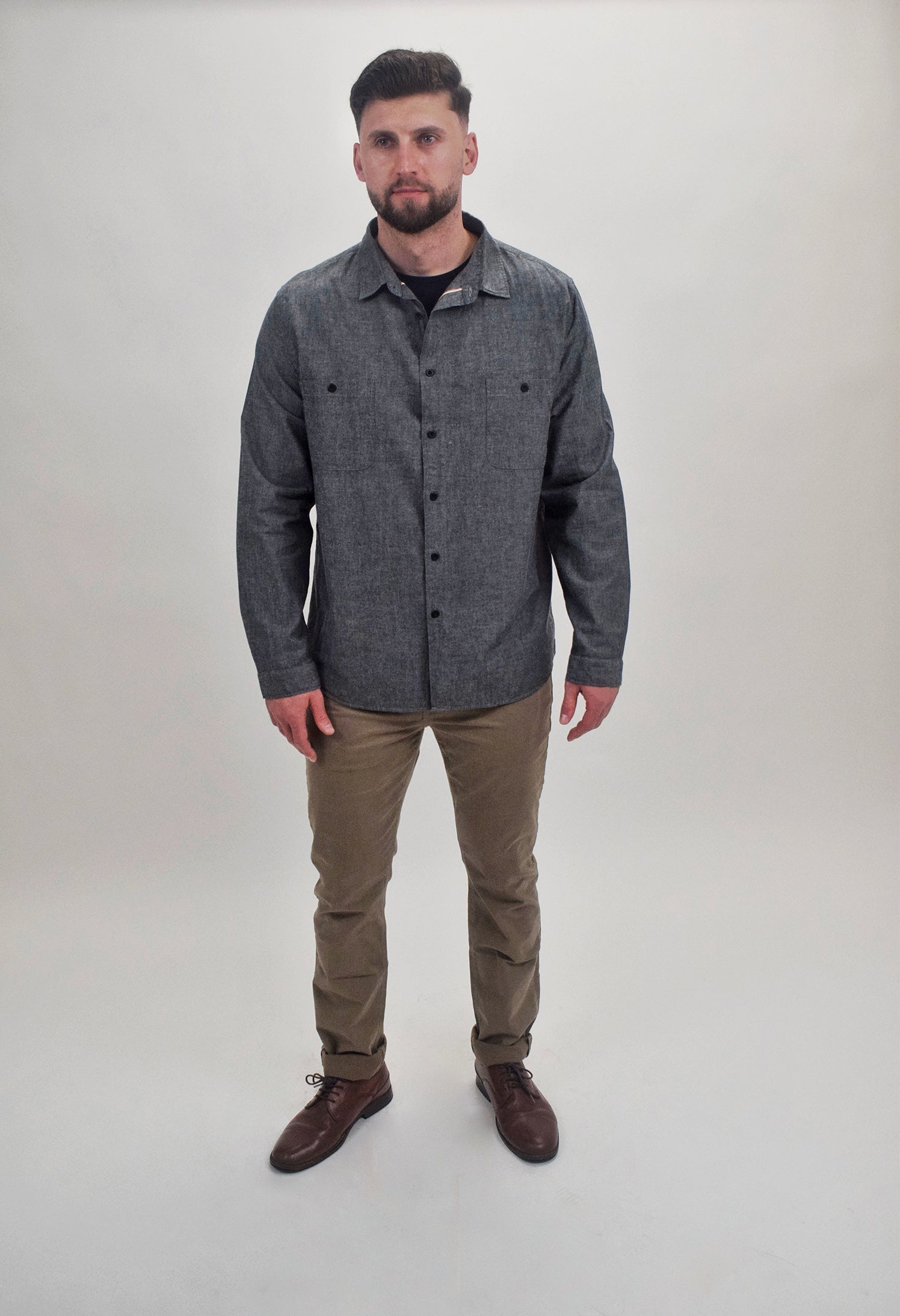 The RealReal,Sunspel, Sunspel Dark Grey Long Sleeve Button Up Shirt With Double Chest Pockets, , 