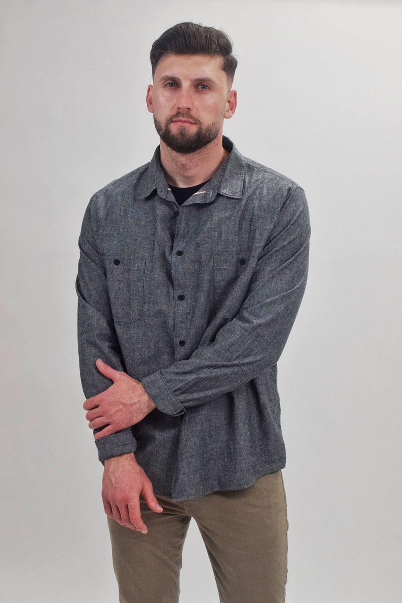 Sunspel Dark Grey Long Sleeve Button Up Shirt With Double Chest Pockets