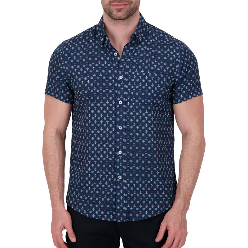 International Report Navy Nautical Print Short Sleeve Button Up