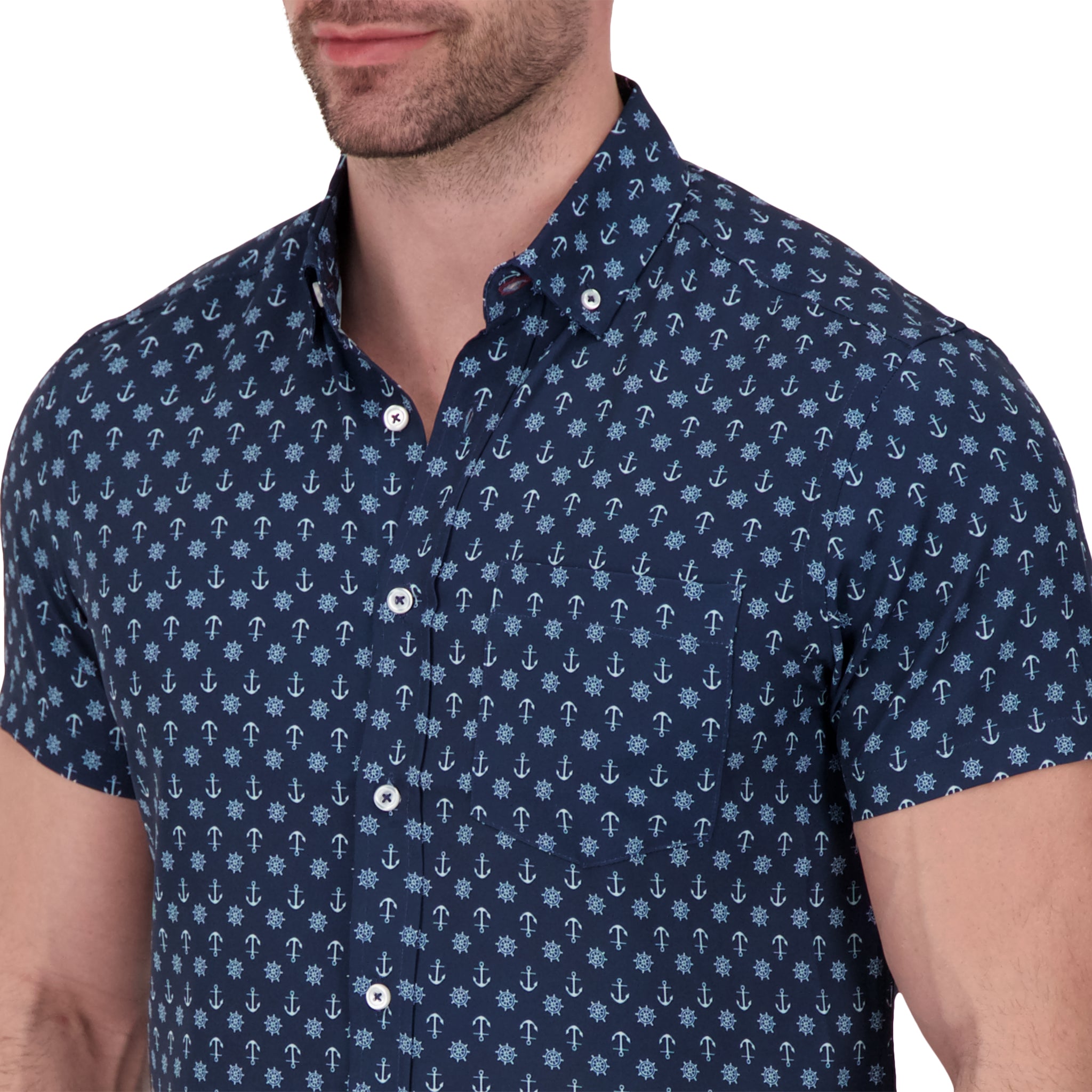 Brand Partner,International Report, International Report Navy Nautical Print Short Sleeve Button Up, Blue, Medium-43-TagM