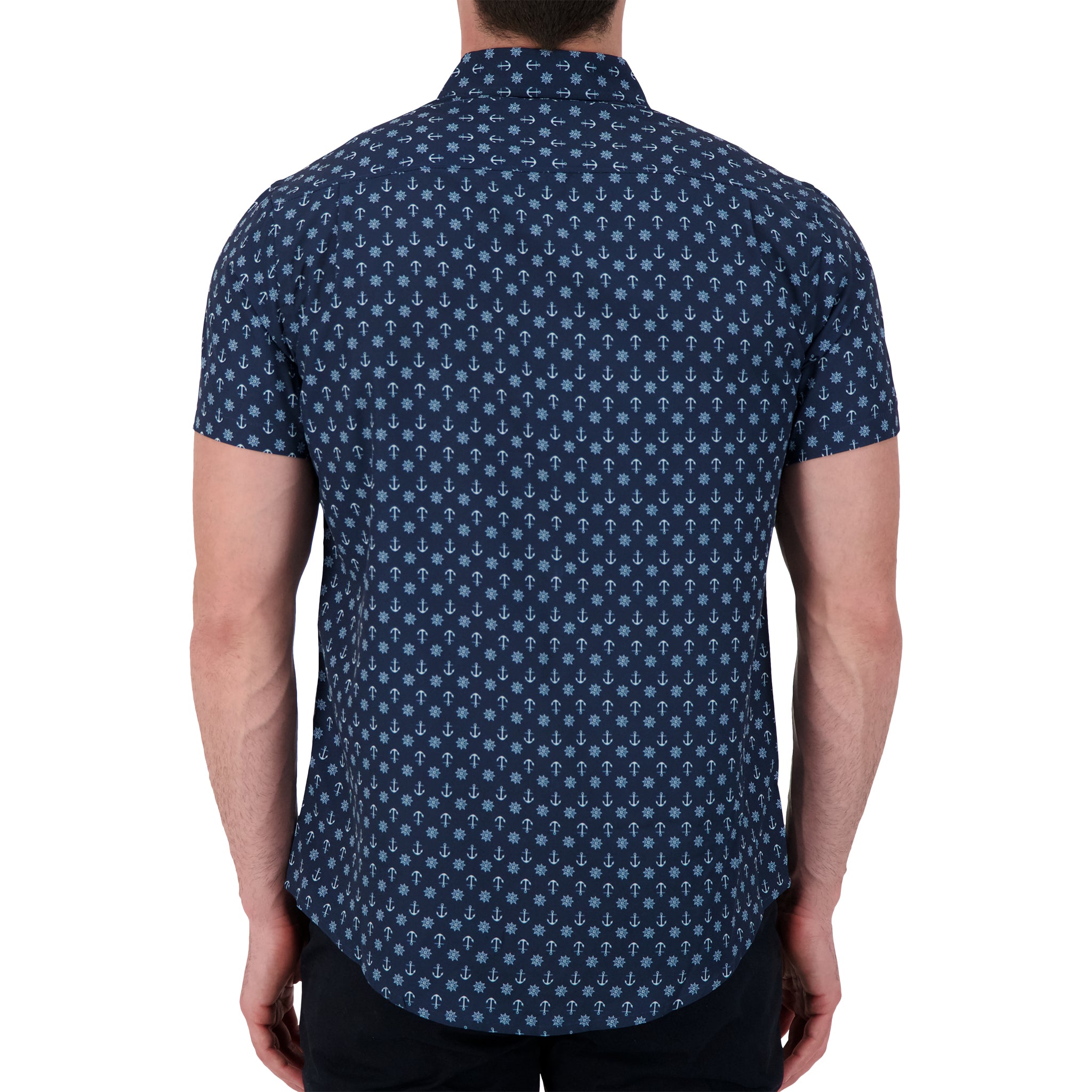 Brand Partner,International Report, International Report Navy Nautical Print Short Sleeve Button Up, Blue, Medium-43-TagM