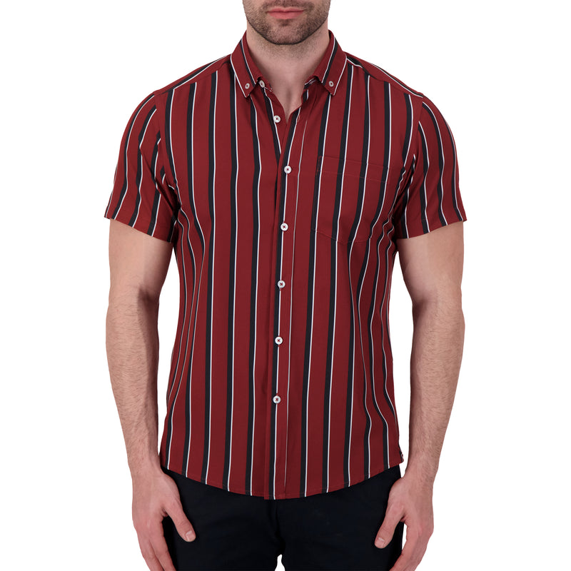 International Report Red Striped Short Sleeve Button Up