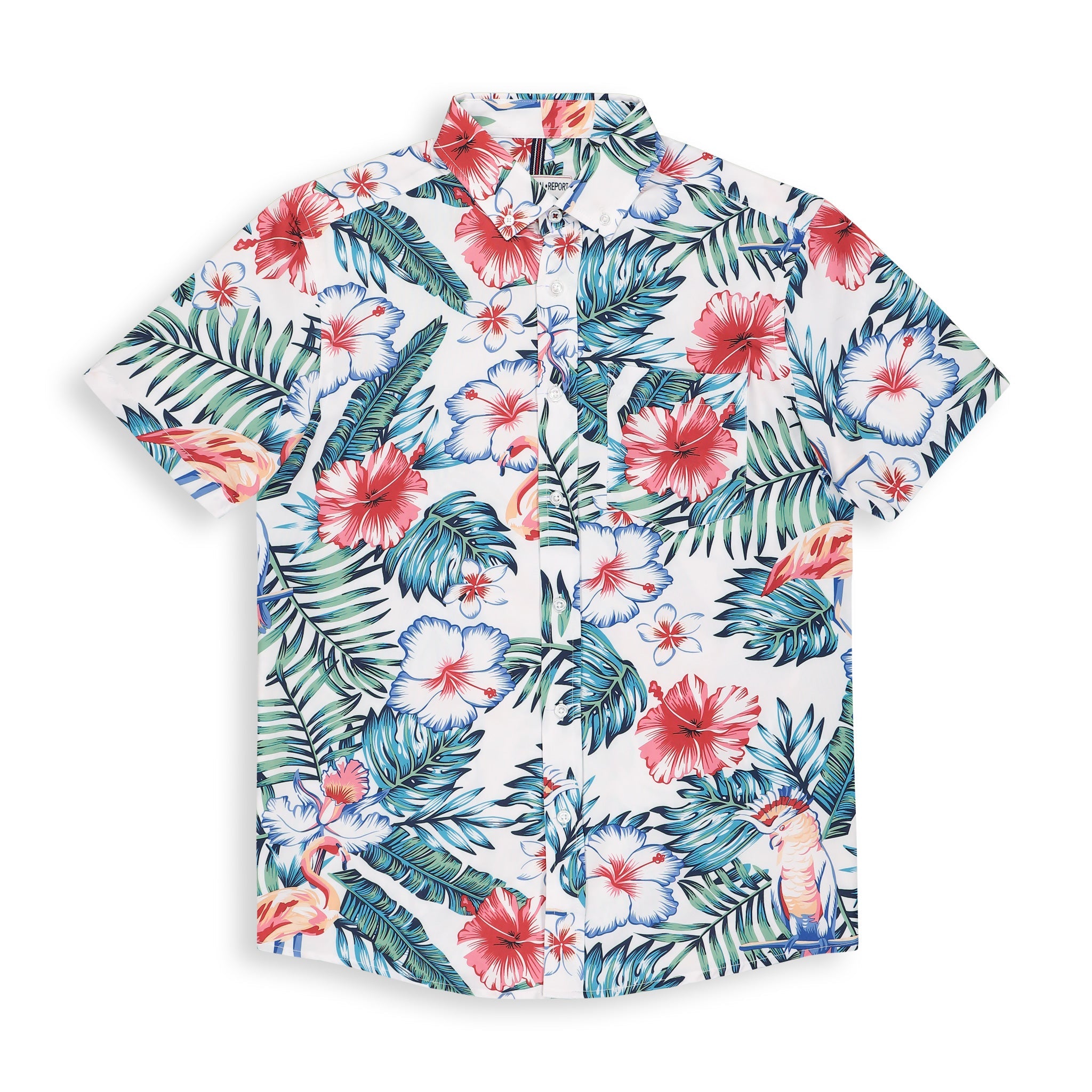 Brand Partner,International Report, International Report White Floral Short Sleeve Button Up, White, Medium-44-TagM