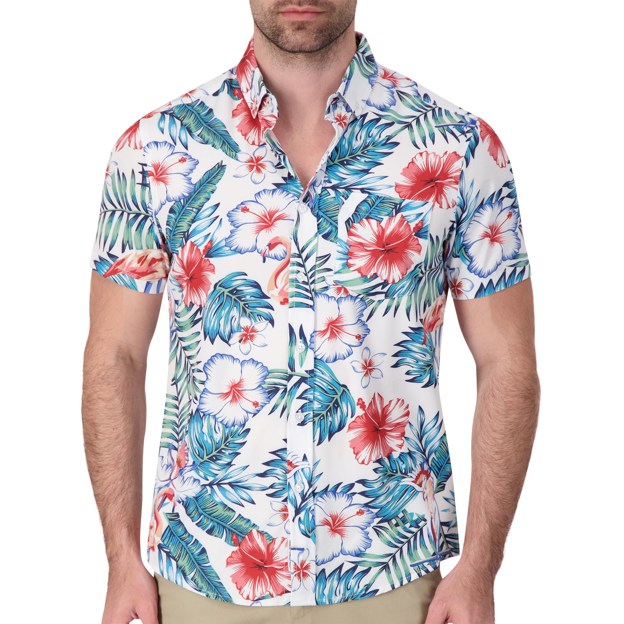 Brand Partner,International Report, International Report White Floral Short Sleeve Button Up, White, Medium-44-TagM