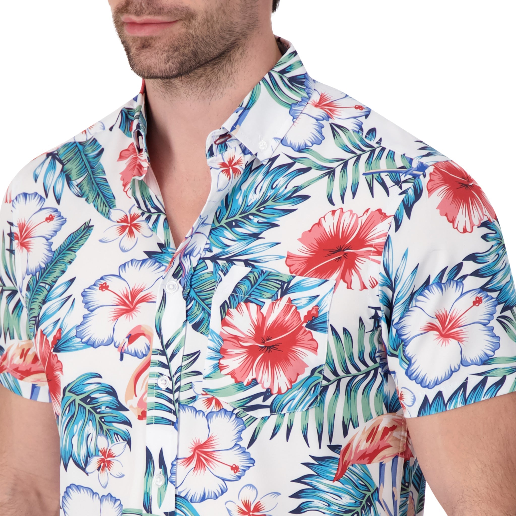 Brand Partner,International Report, International Report White Floral Short Sleeve Button Up, White, Medium-44-TagM