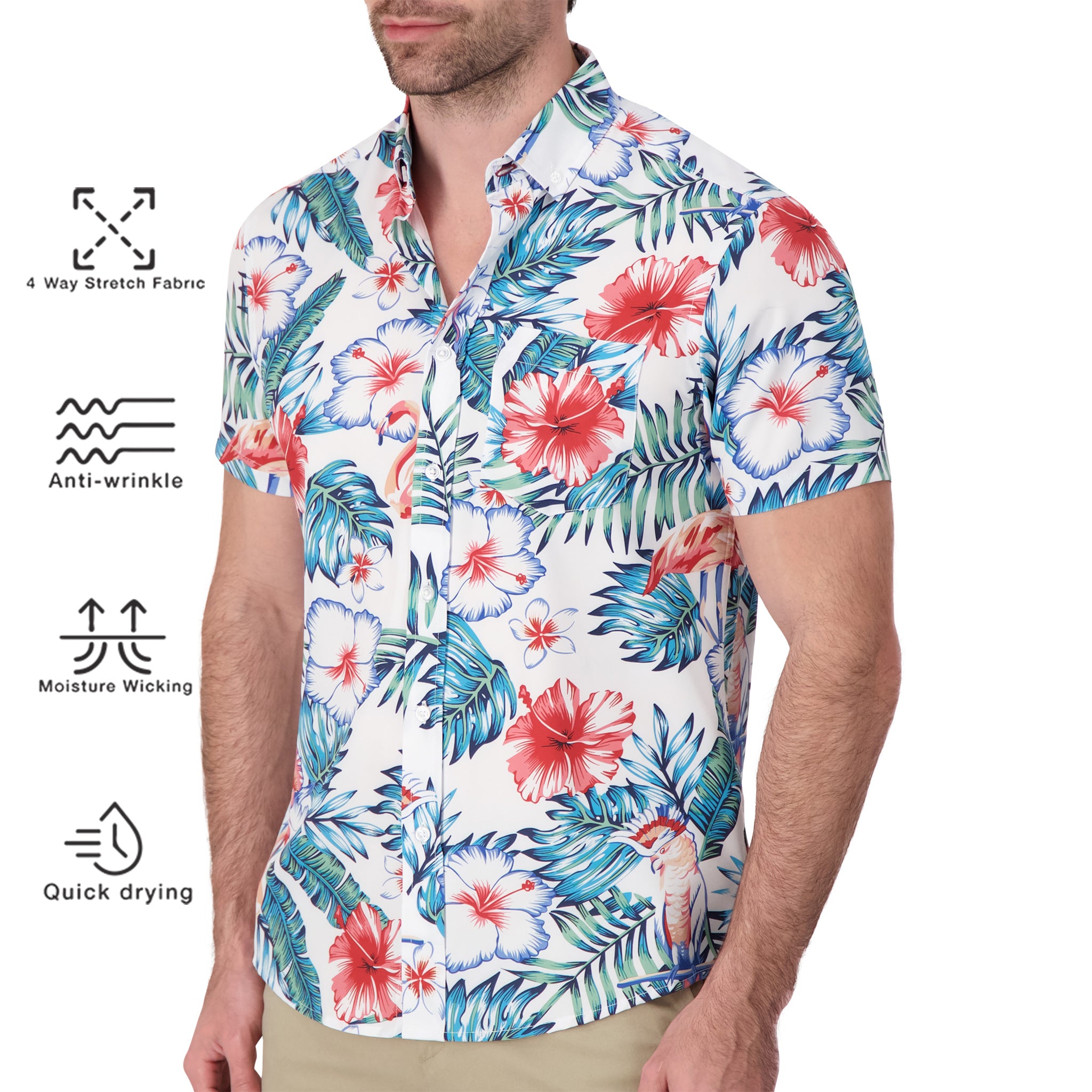 Brand Partner,International Report, International Report White Floral Short Sleeve Button Up, White, Medium-44-TagM