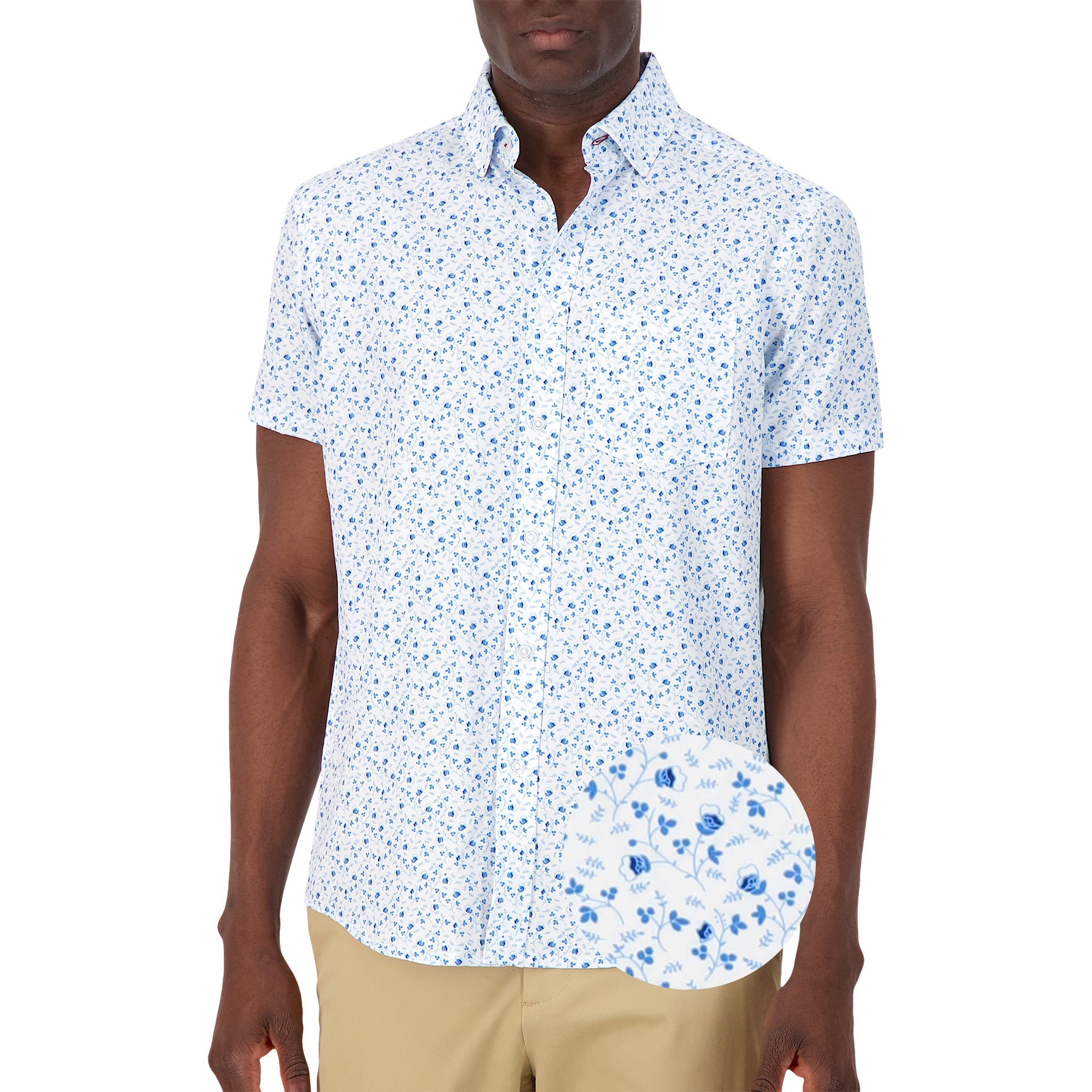 Brand Partner,International Report, International Report Blue Floral Short Sleeve Button Up, Blue, Small-43-TagS