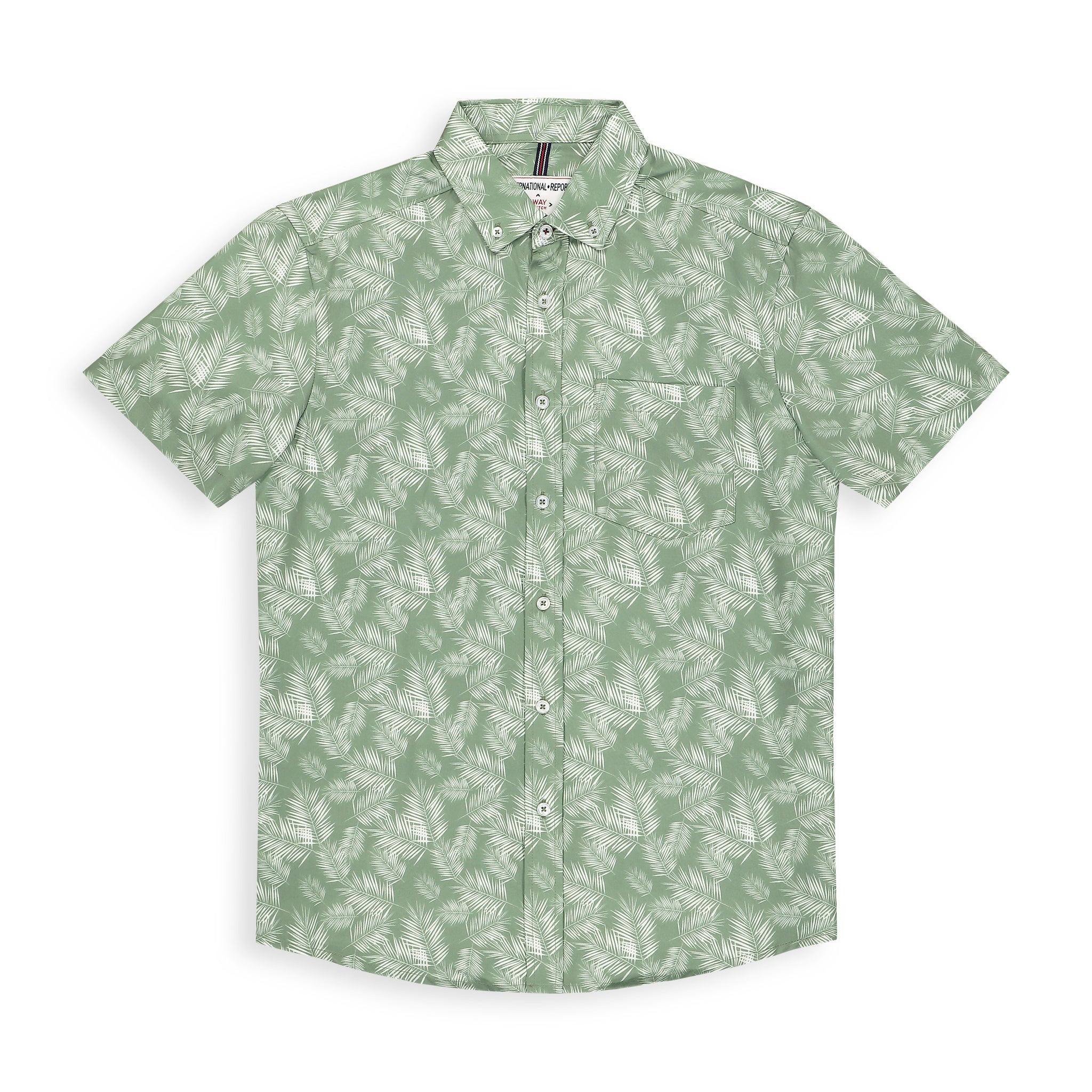 Brand Partner,International Report, International Report Green Palm Leaf Short Sleeve Button Up, Green, Medium-44-TagM