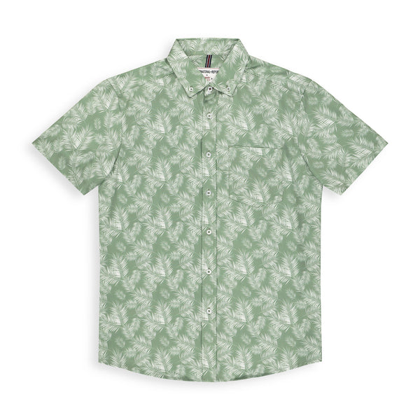 International Report Green Palm Leaf Short Sleeve Button Up