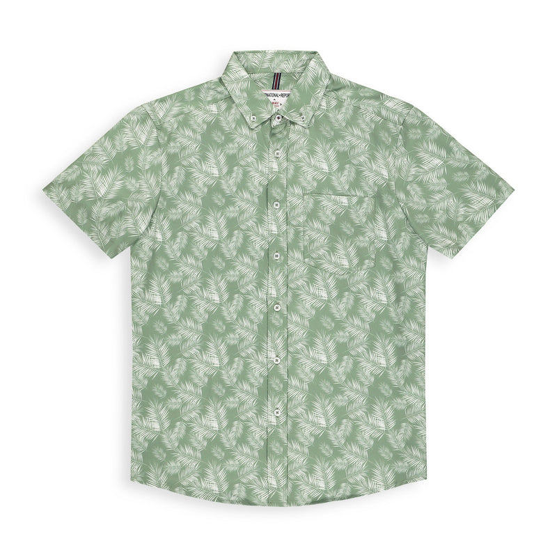 International Report Green Palm Leaf Short Sleeve Button Up