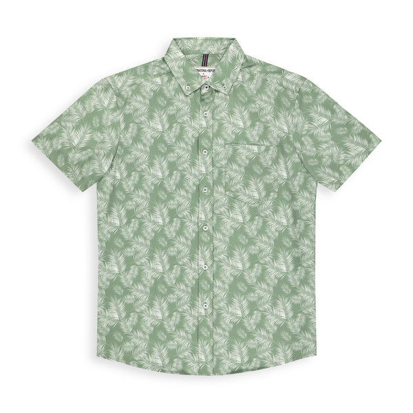 Green Palm Leaf Short Sleeve Button Up