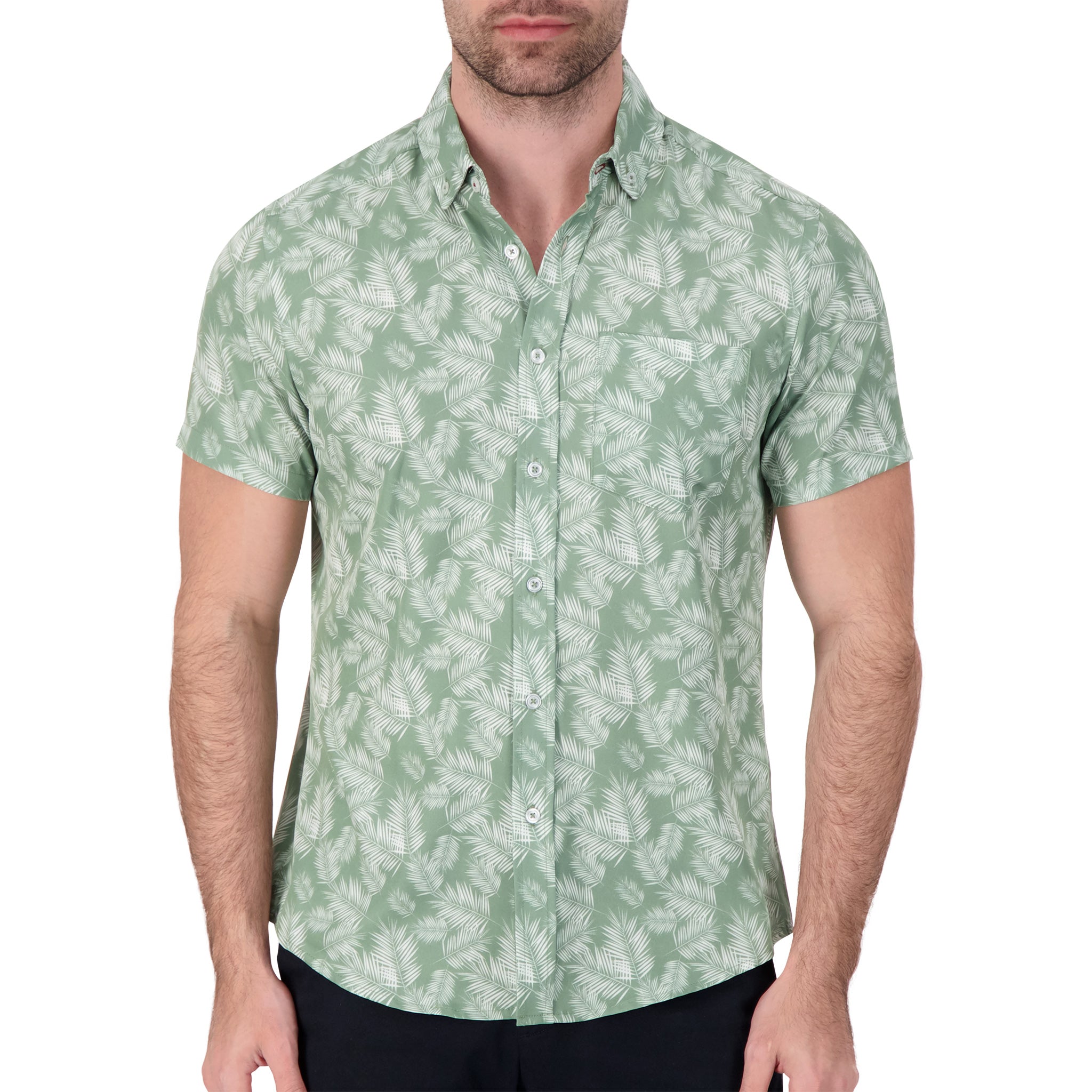 Brand Partner,International Report, International Report Green Palm Leaf Short Sleeve Button Up, Green, Medium-44-TagM