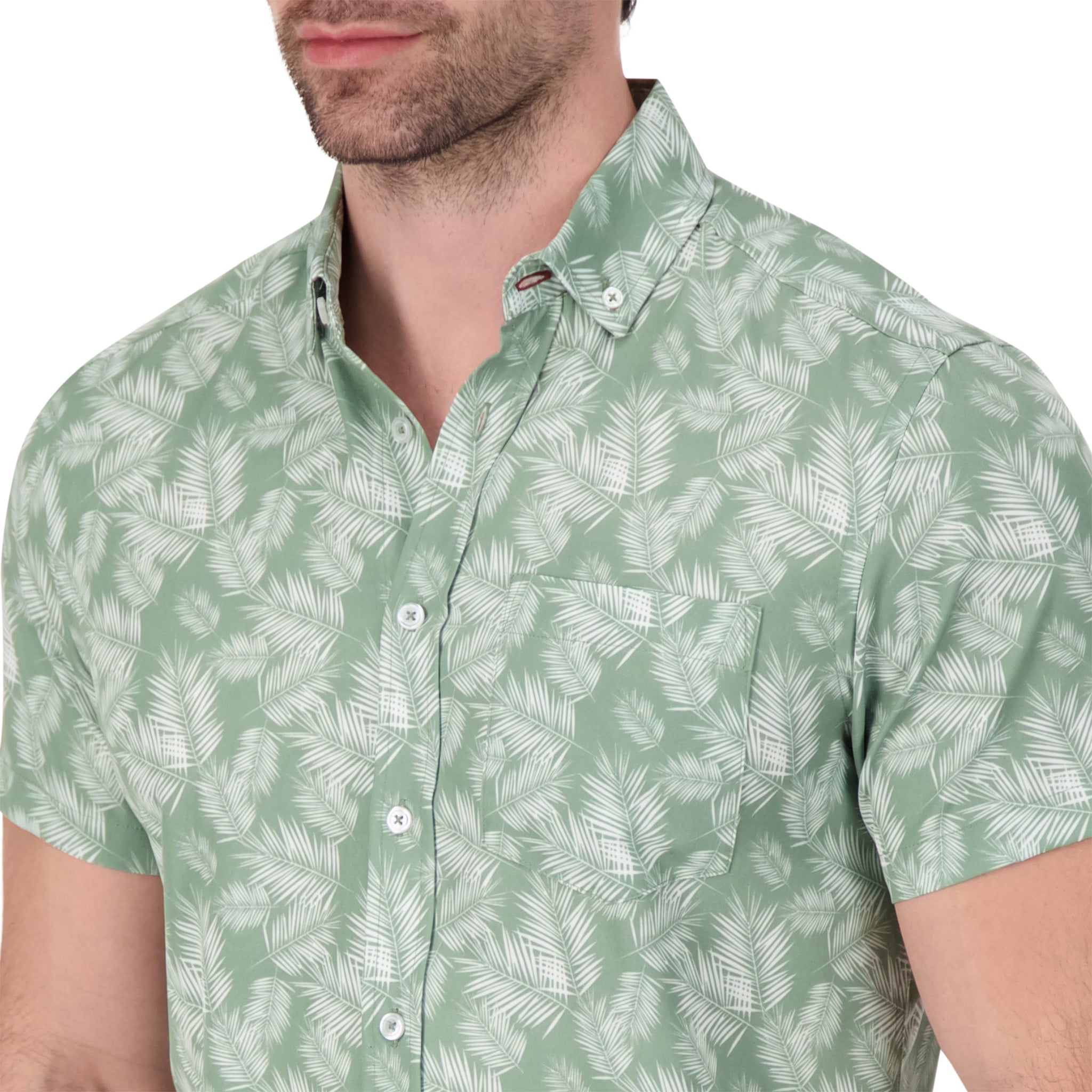 Brand Partner,International Report, International Report Green Palm Leaf Short Sleeve Button Up, Green, Medium-44-TagM