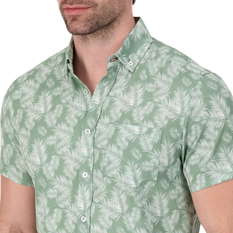 International Report Green Palm Leaf Short Sleeve Button Up