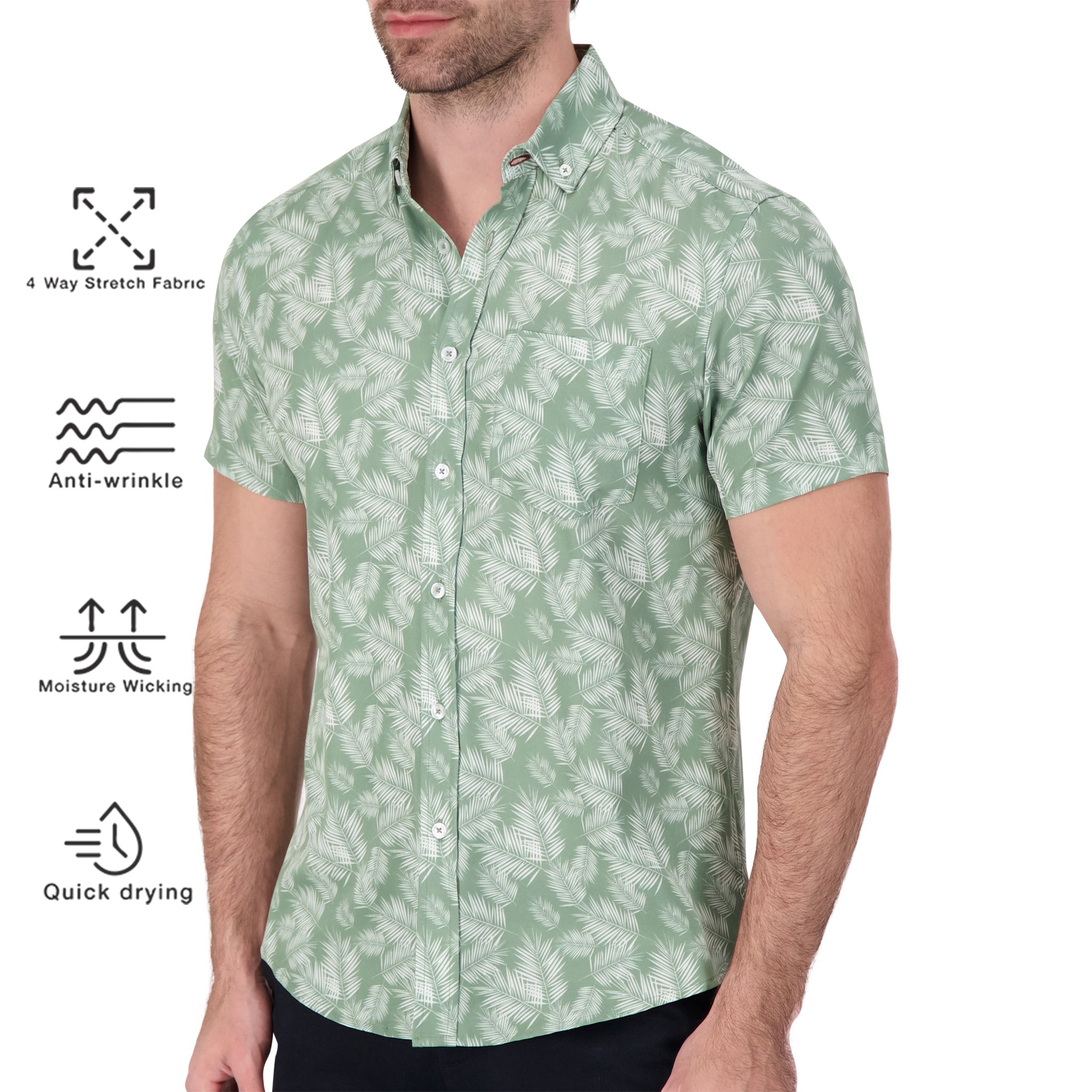 Brand Partner,International Report, International Report Green Palm Leaf Short Sleeve Button Up, Green, Medium-44-TagM