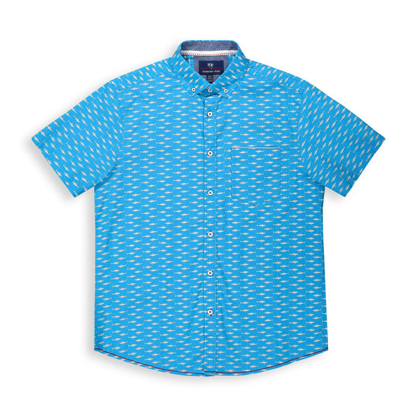 International Report Bright Blue Shark Print Short Sleeve Button Up