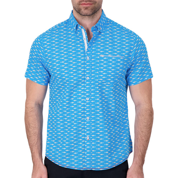 International Report Bright Blue Shark Print Short Sleeve Button Up