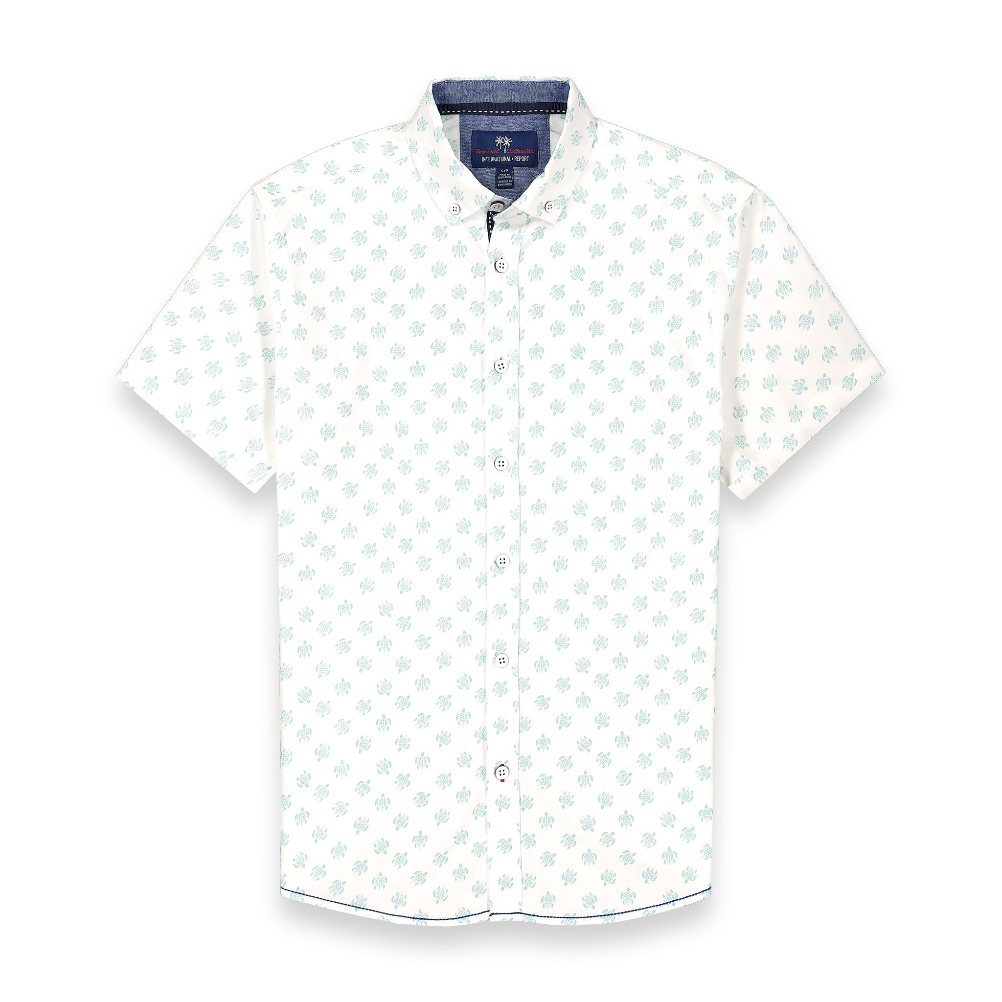 Brand Partner,International Report, International Report White Turtle Print Short Sleeve Button Up, White, Medium-42-TagM