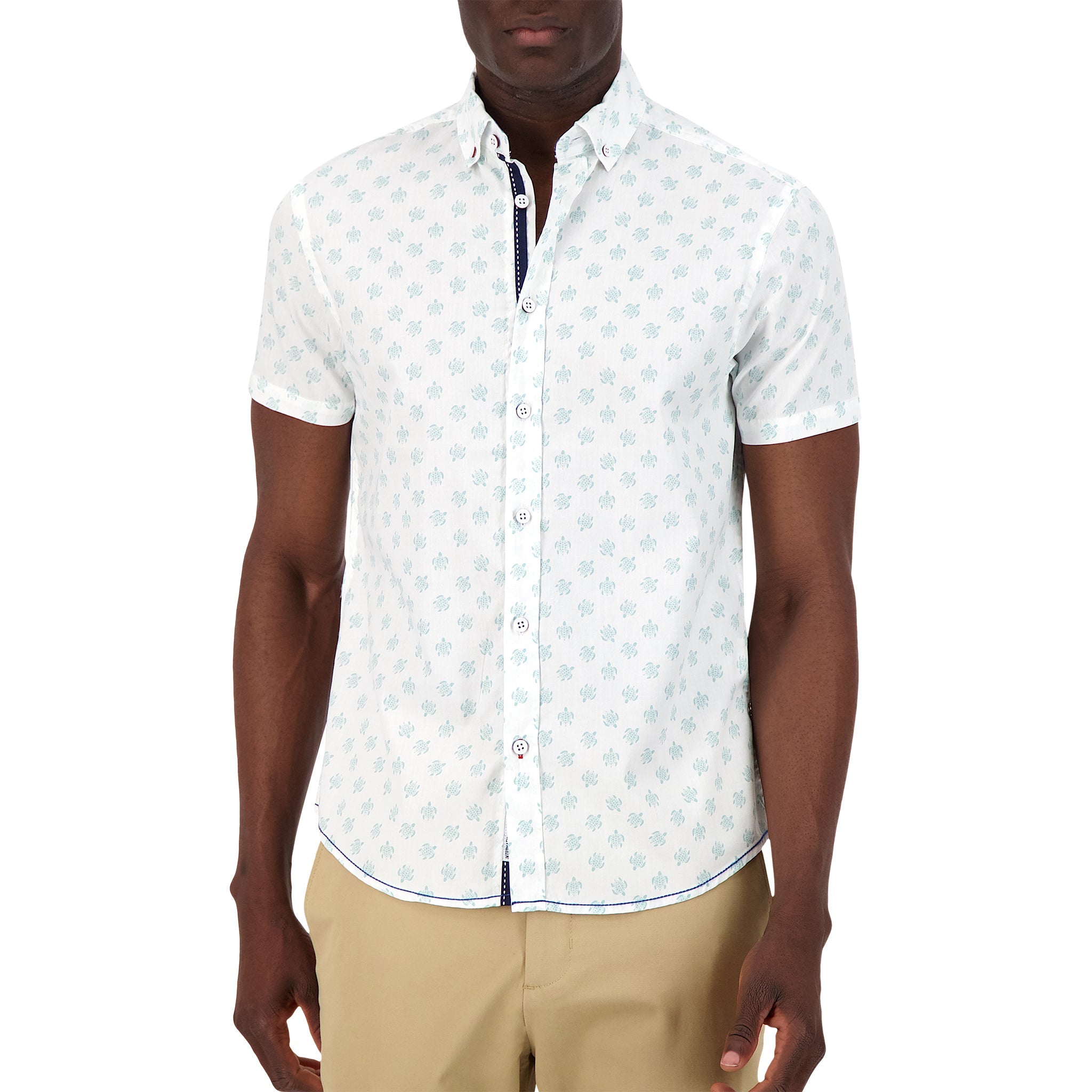 Brand Partner,International Report, International Report White Turtle Print Short Sleeve Button Up, White, Medium-42-TagMSmall-41-TagS