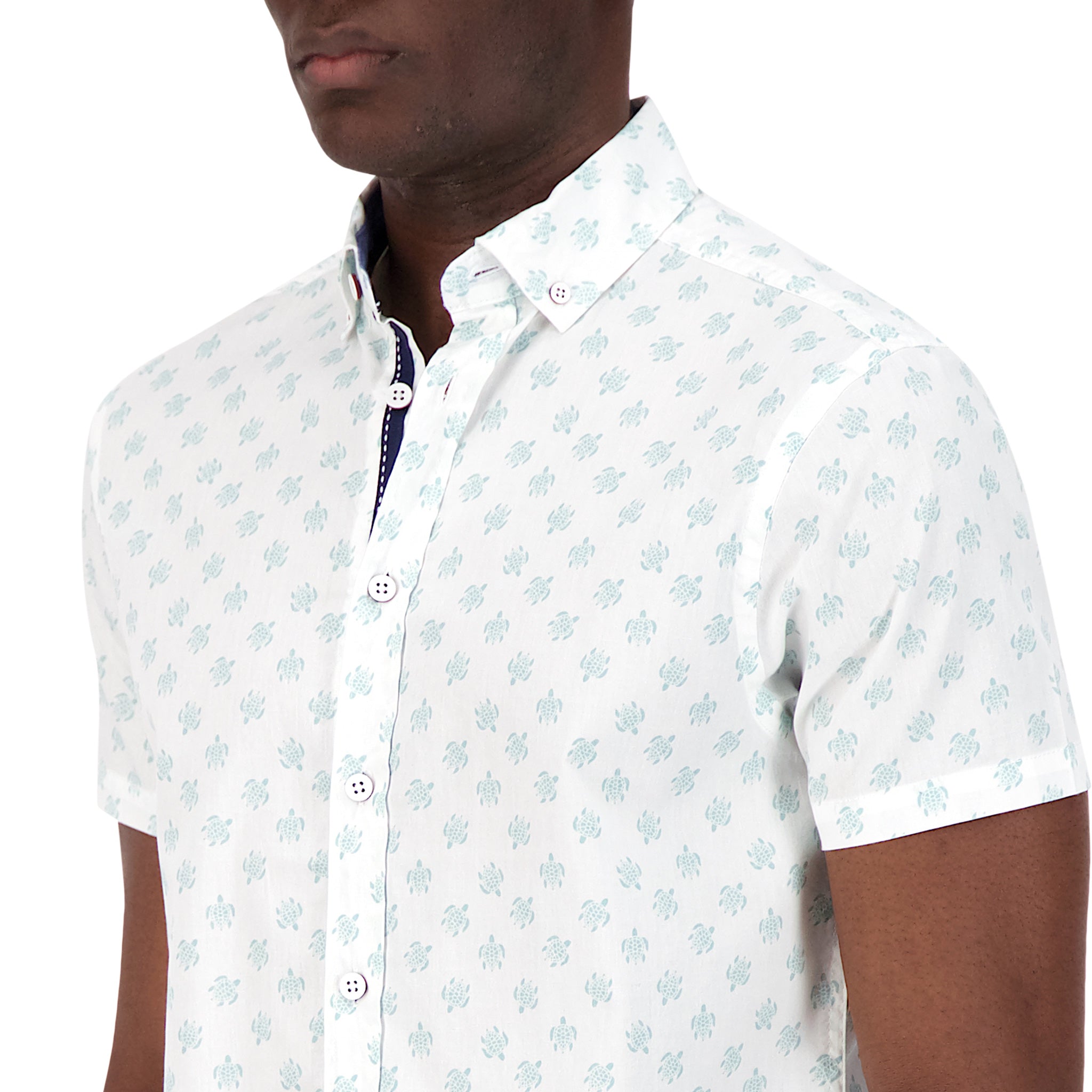 Brand Partner,International Report, International Report White Turtle Print Short Sleeve Button Up, White, Medium-42-TagMSmall-41-TagS