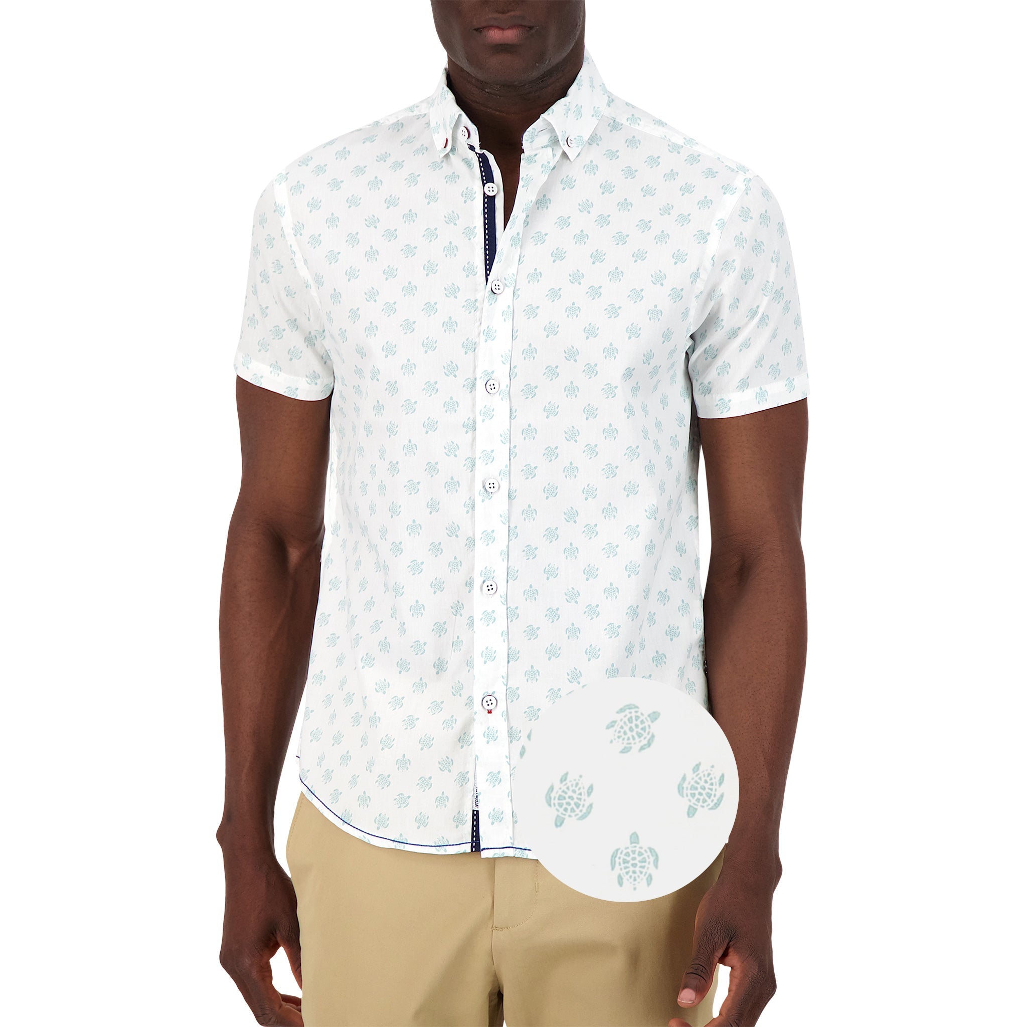 Brand Partner,International Report, International Report White Turtle Print Short Sleeve Button Up, White, Medium-42-TagMSmall-41-TagS