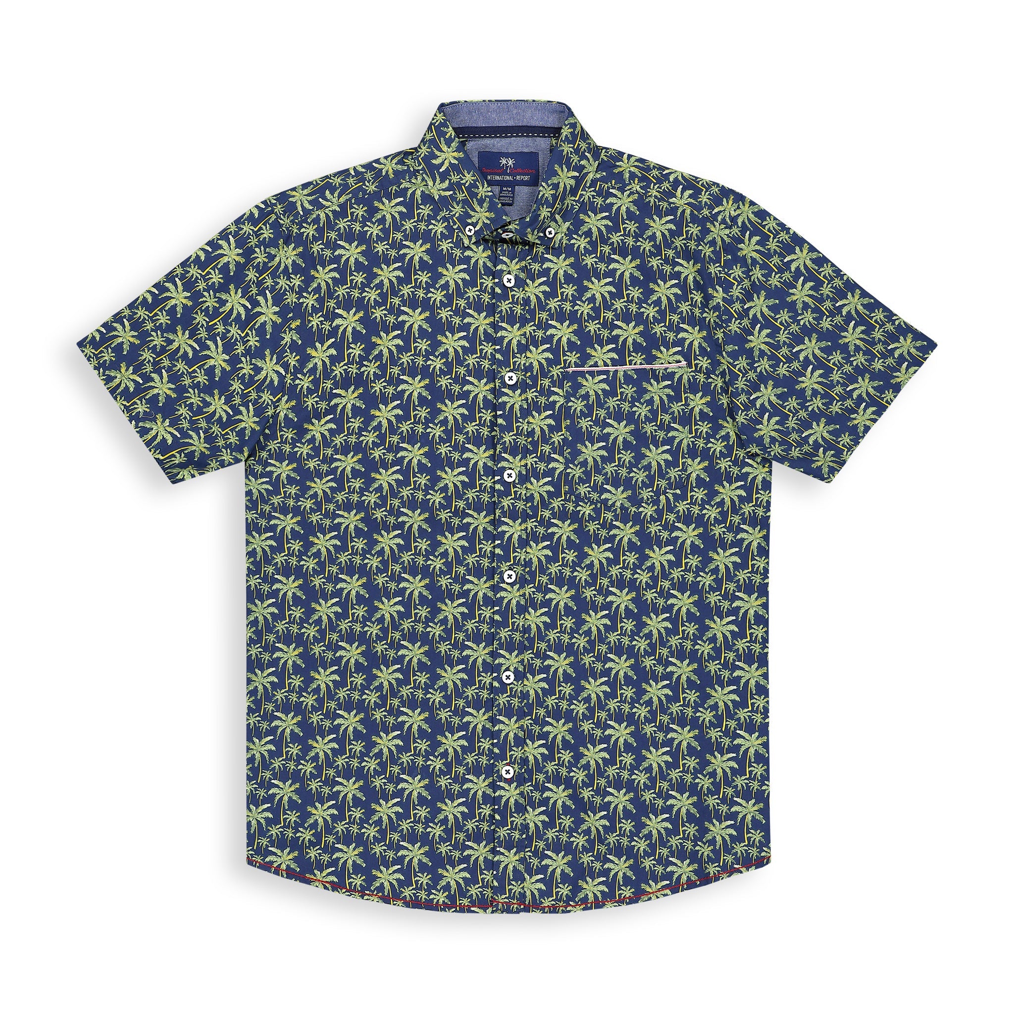 Brand Partner,International Report, International Report Navy Palm Print Short Sleeve Button Up, Blue, Small-41-TagS