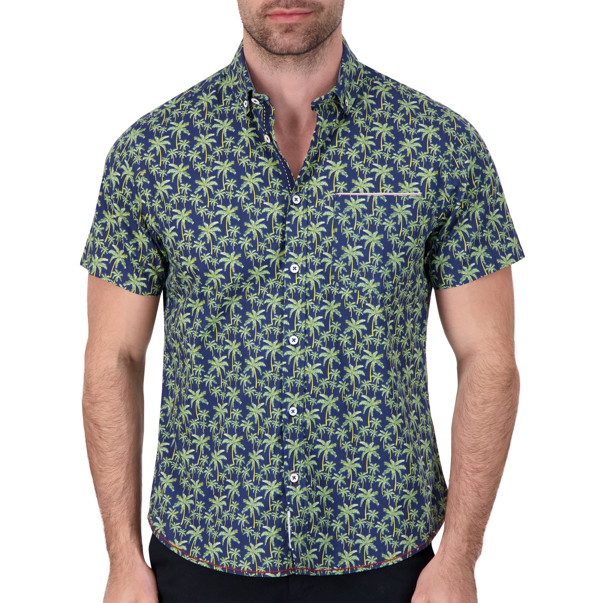 Brand Partner,International Report, International Report Navy Palm Print Short Sleeve Button Up, Blue, Small-41-TagS