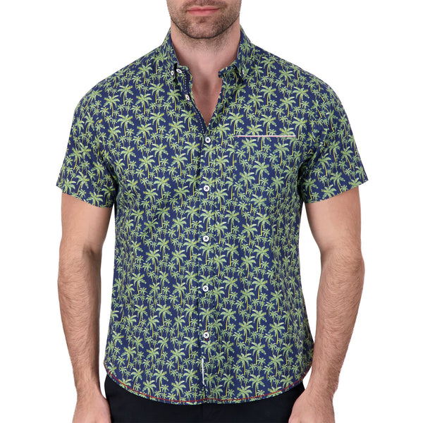 International Report Navy Palm Print Short Sleeve Button Up