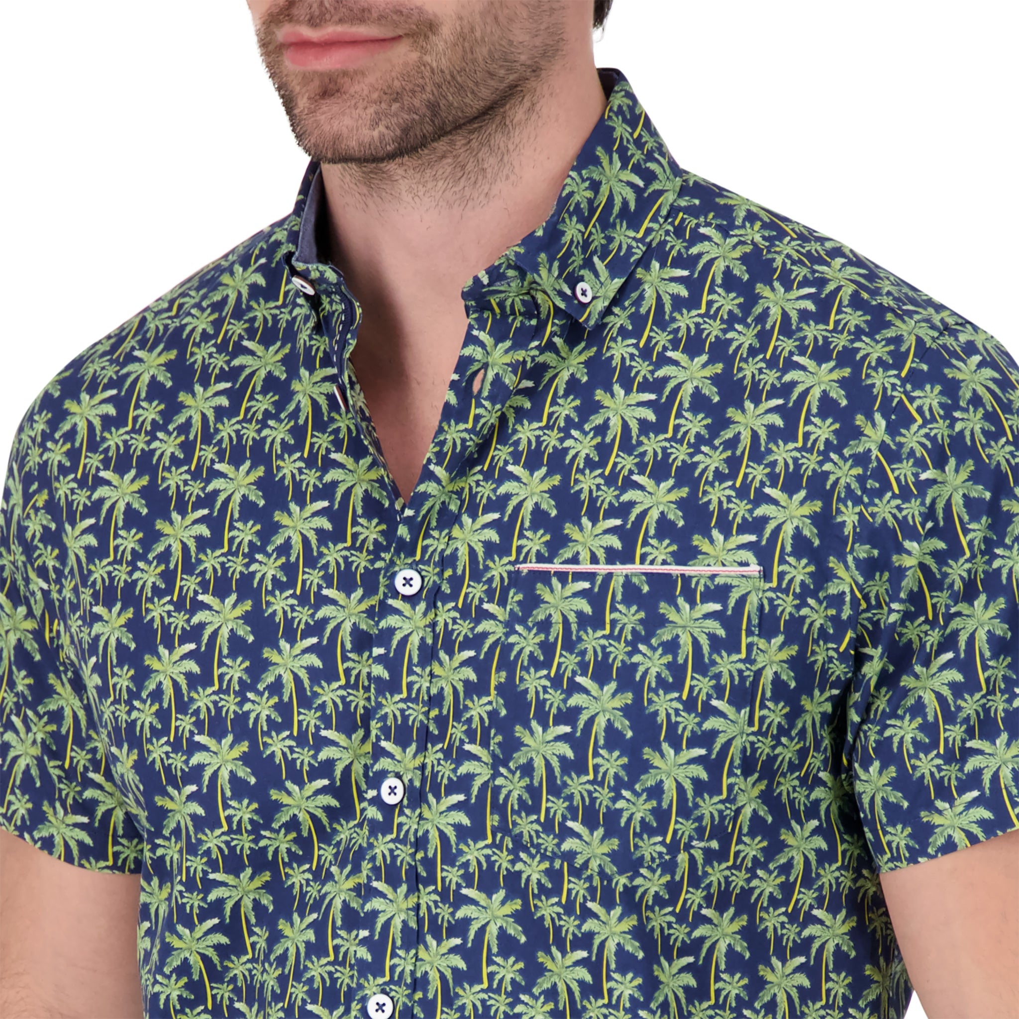 Brand Partner,International Report, International Report Navy Palm Print Short Sleeve Button Up, Blue, Small-41-TagS