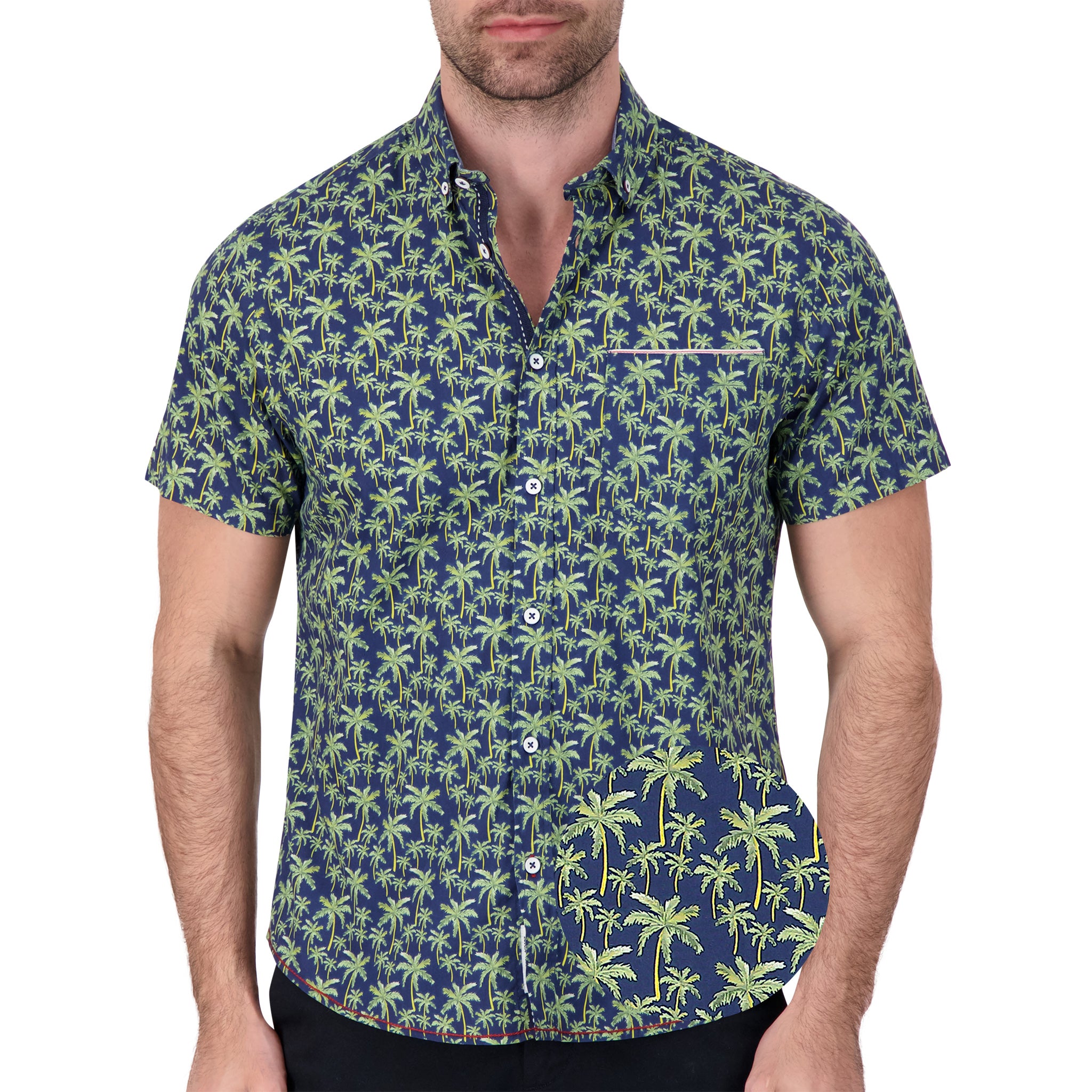 Brand Partner,International Report, International Report Navy Palm Print Short Sleeve Button Up, Blue, Small-41-TagS