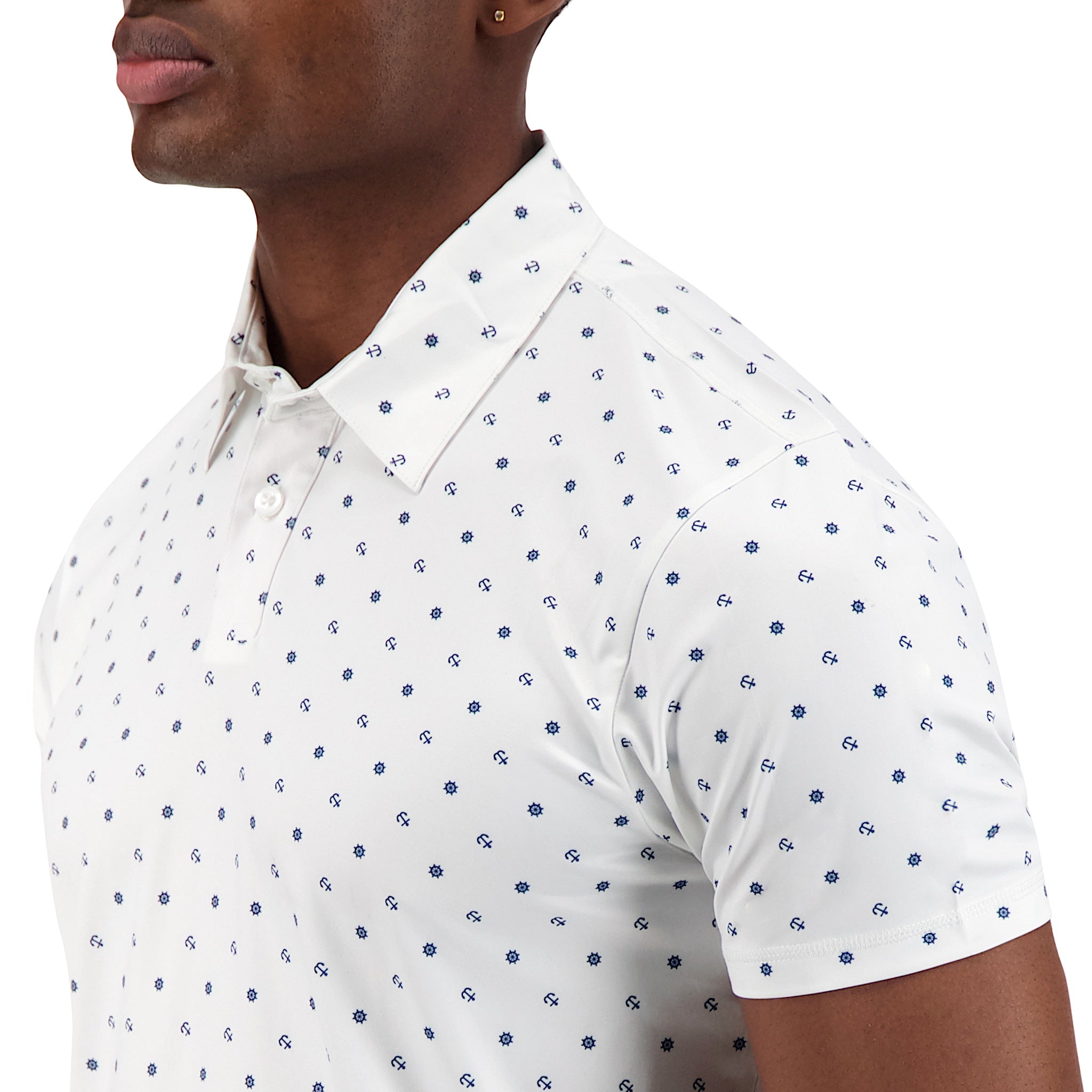 Brand Partner,International Report, International Report White Nautical Print Performance Short Sleeve Polo, White, Medium-42-TagMSmall-42-TagS