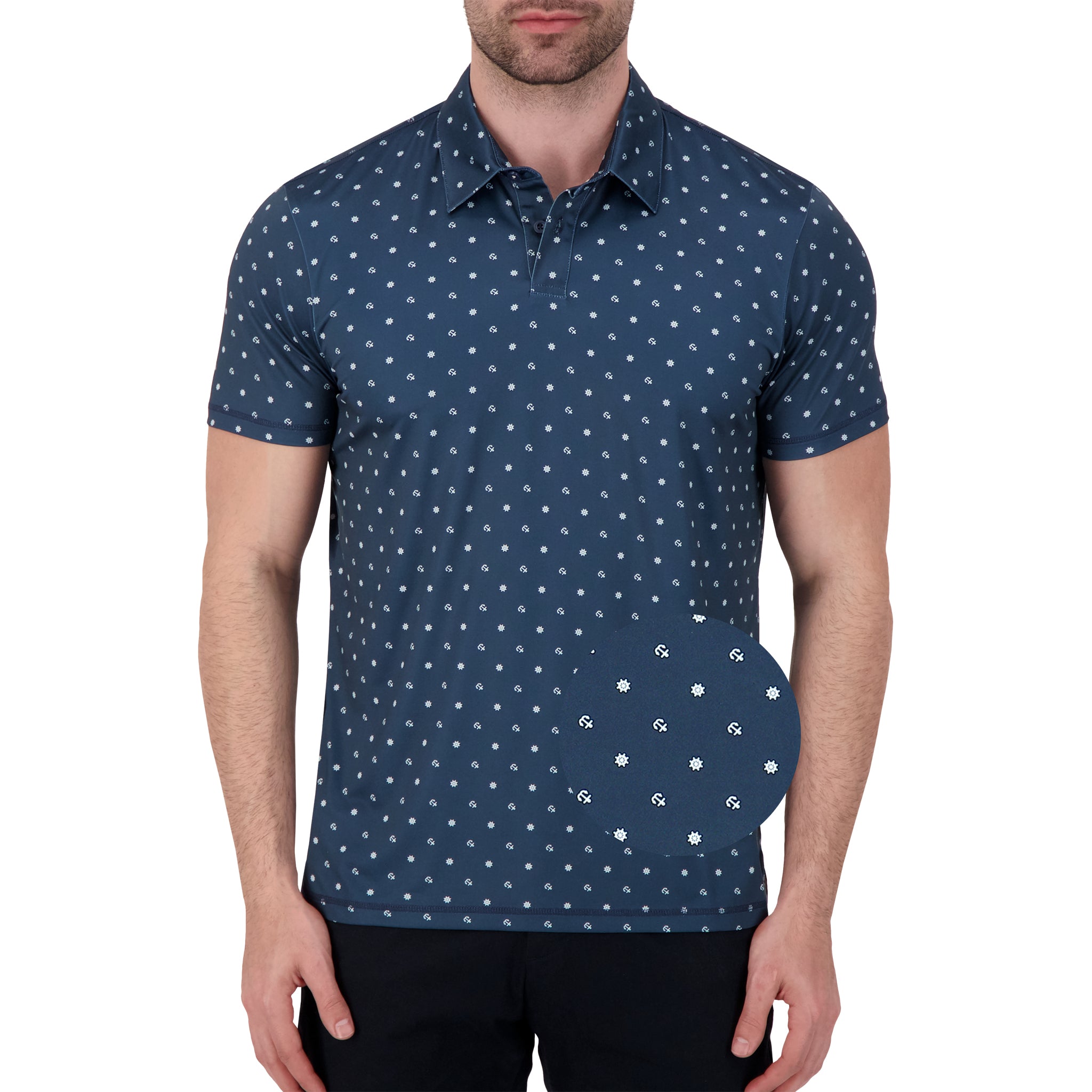 Brand Partner,International Report, International Report Navy Nautical Print Performance Polo, Blue, Medium-42-TagM