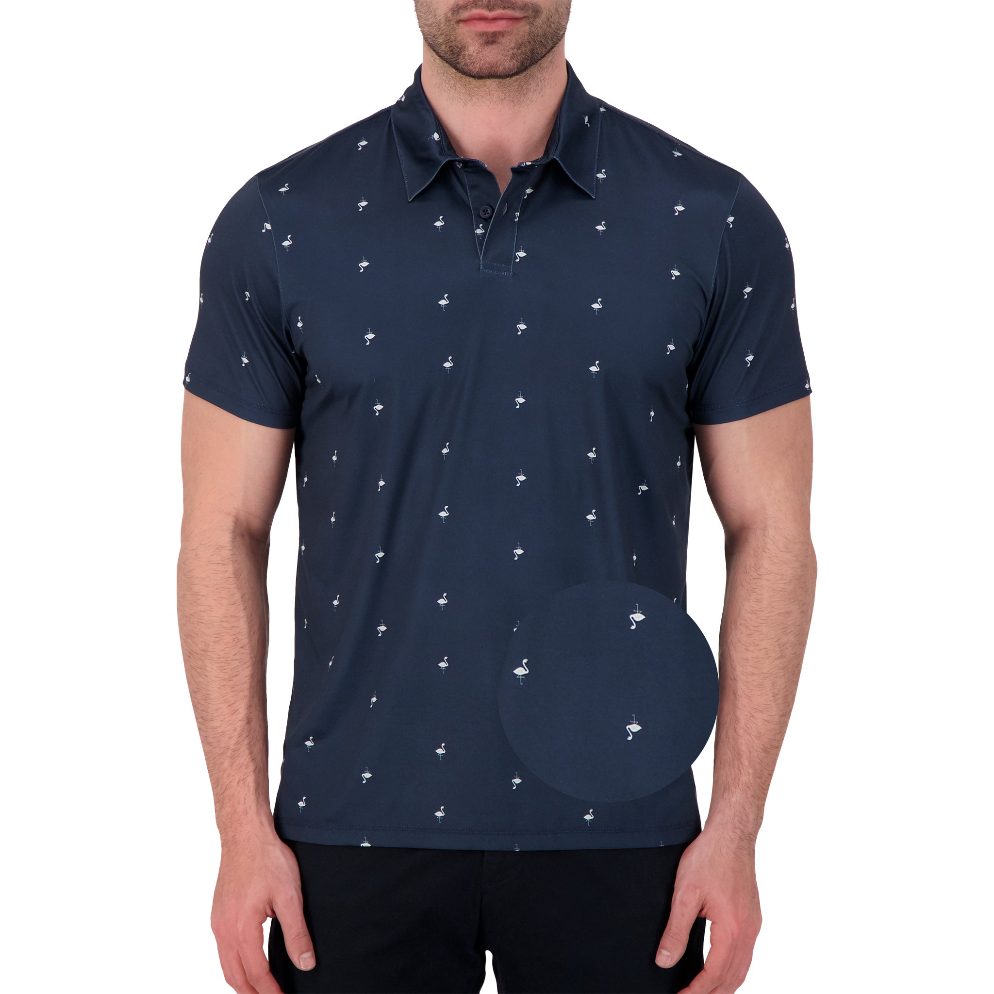 Brand Partner,International Report, International Report Navy Flamingo Print Performance Polo, Blue, Medium-44-TagM