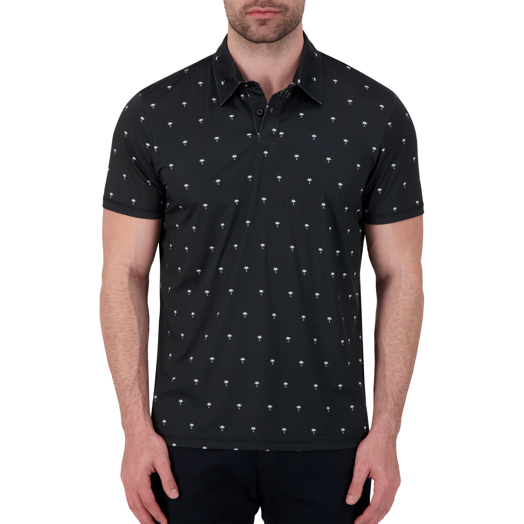 Brand Partner,International Report, International Report Black Palm Print Performance Polo, Black, Medium-42-TagM