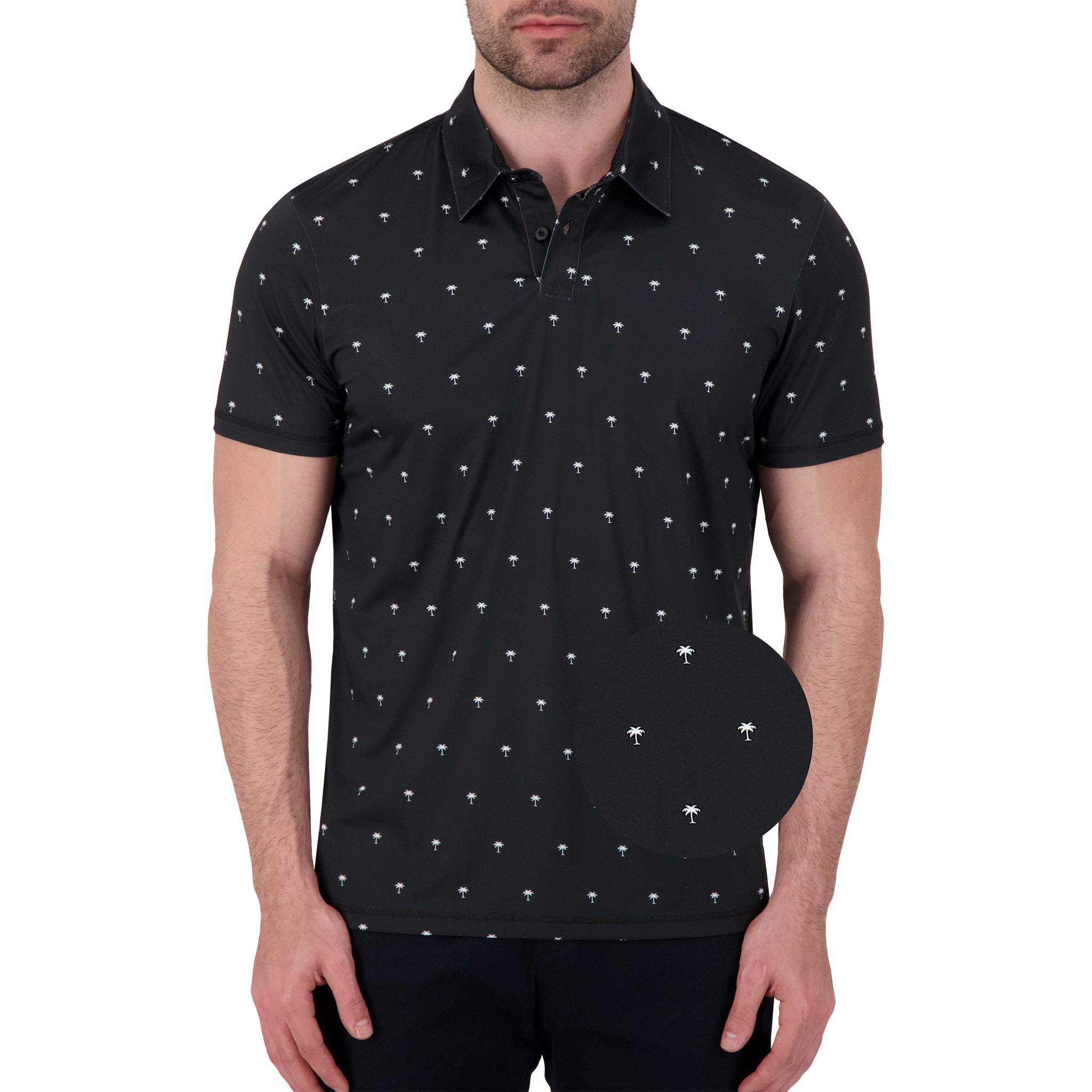 Brand Partner,International Report, International Report Black Palm Print Performance Polo, Black, Medium-42-TagM