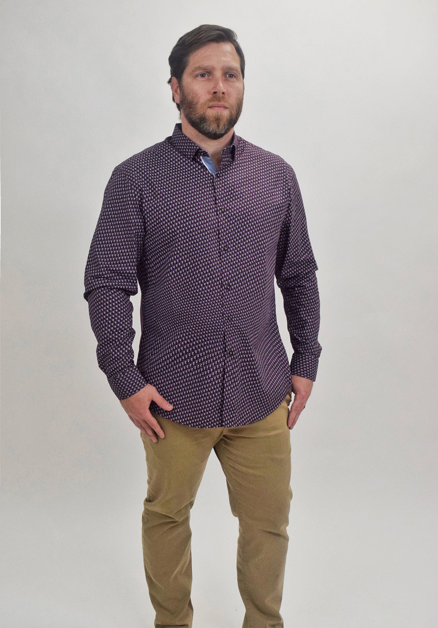 Faire,Spazio, Spazio Burgundy With Blue and White Arrow Print Long Sleeve Button Up Shirt, Red, Extra Large-48-TagXLLarge-46-TagLMedium-44-TagMMedium-42-TagS