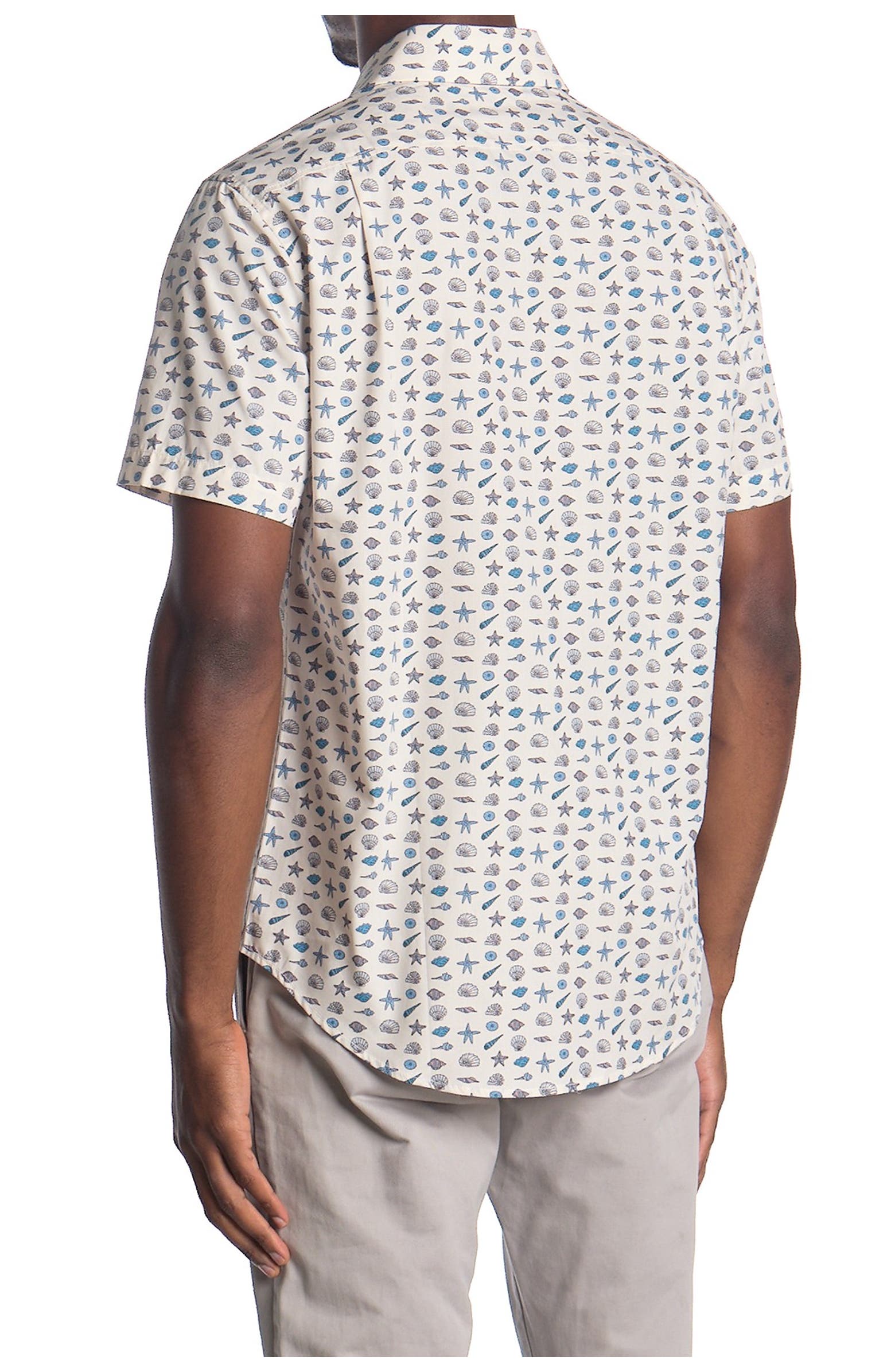 Nordstorm Rack,Kennington, Kennington Beige Seashell Print Short Sleeve Button Up Shirt, White, Small-40-TagS