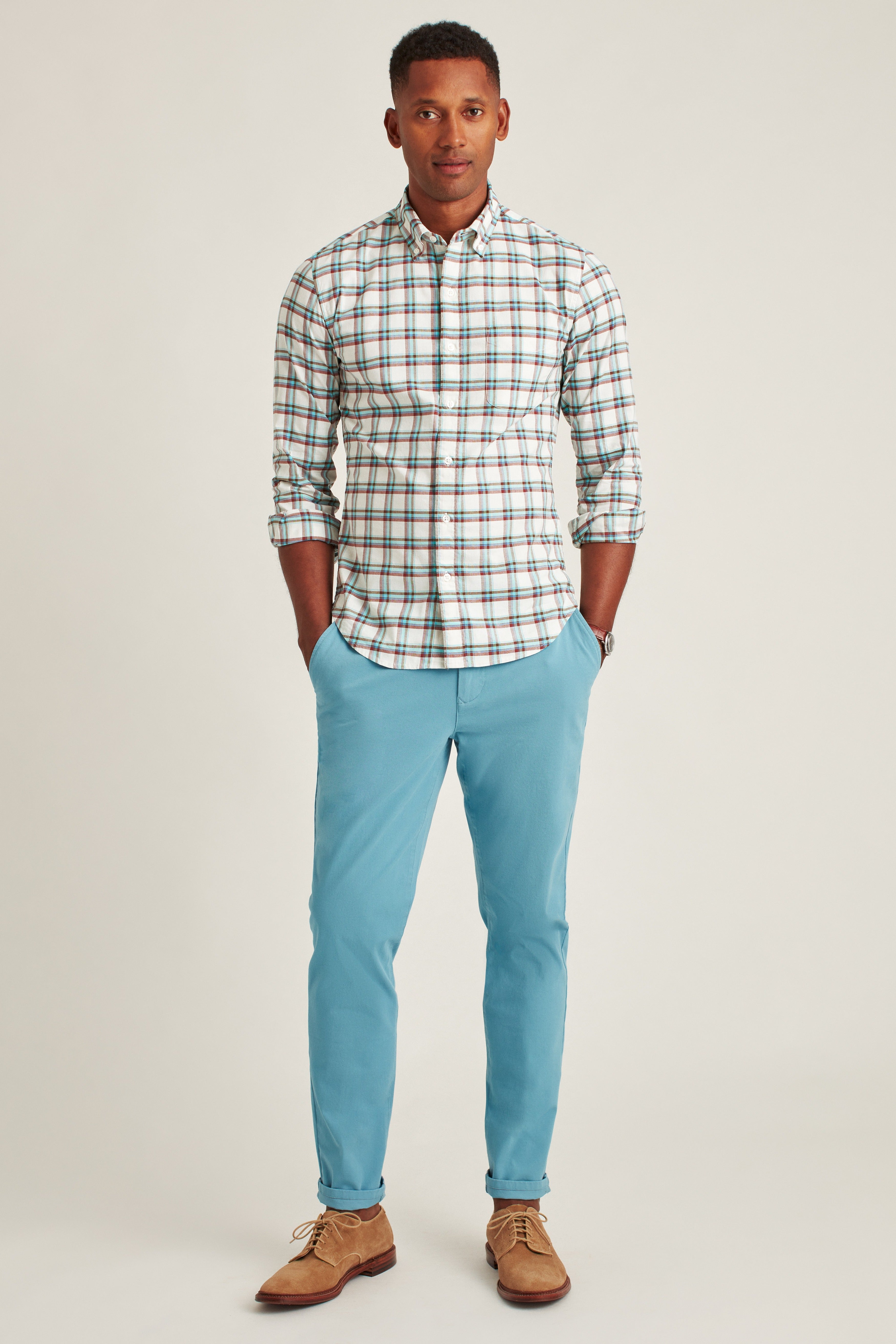 Wholesale,Bonobos, Bonobos White Plaid Print Stretch Long Sleeve Shirt, White, Medium-42-TagM