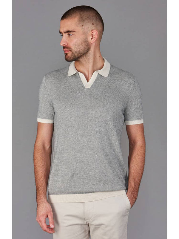 Paul James Grey Jacquard With Cream Contrast Collar Knit Buttonless Short Sleeve Polo