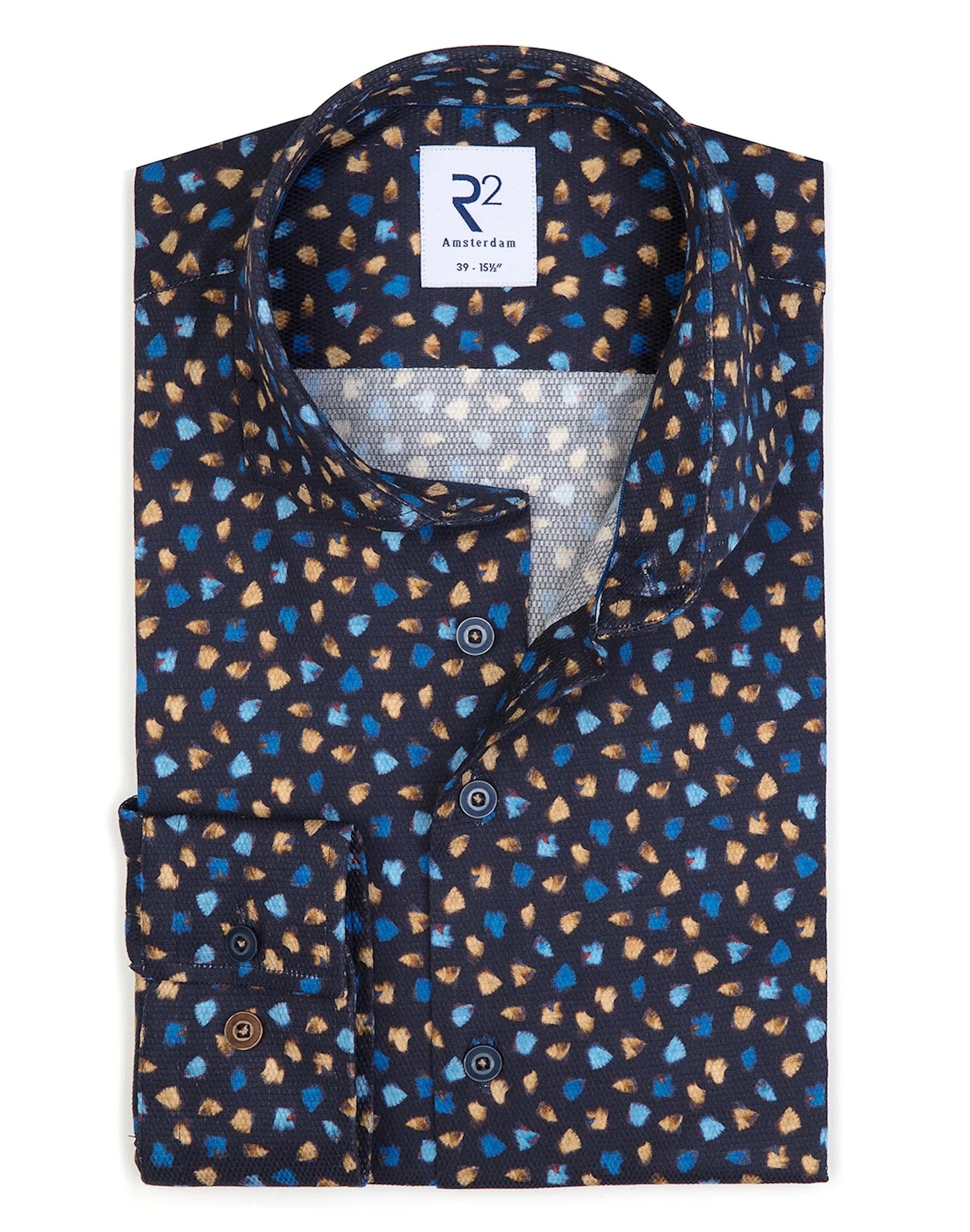 Brand Partner,R2 Amsterdam, R2 Amsterdam Navy Blue Conversational Beige Print Long Sleeve Button Up Shirt, Blue, Small-42-Tag40