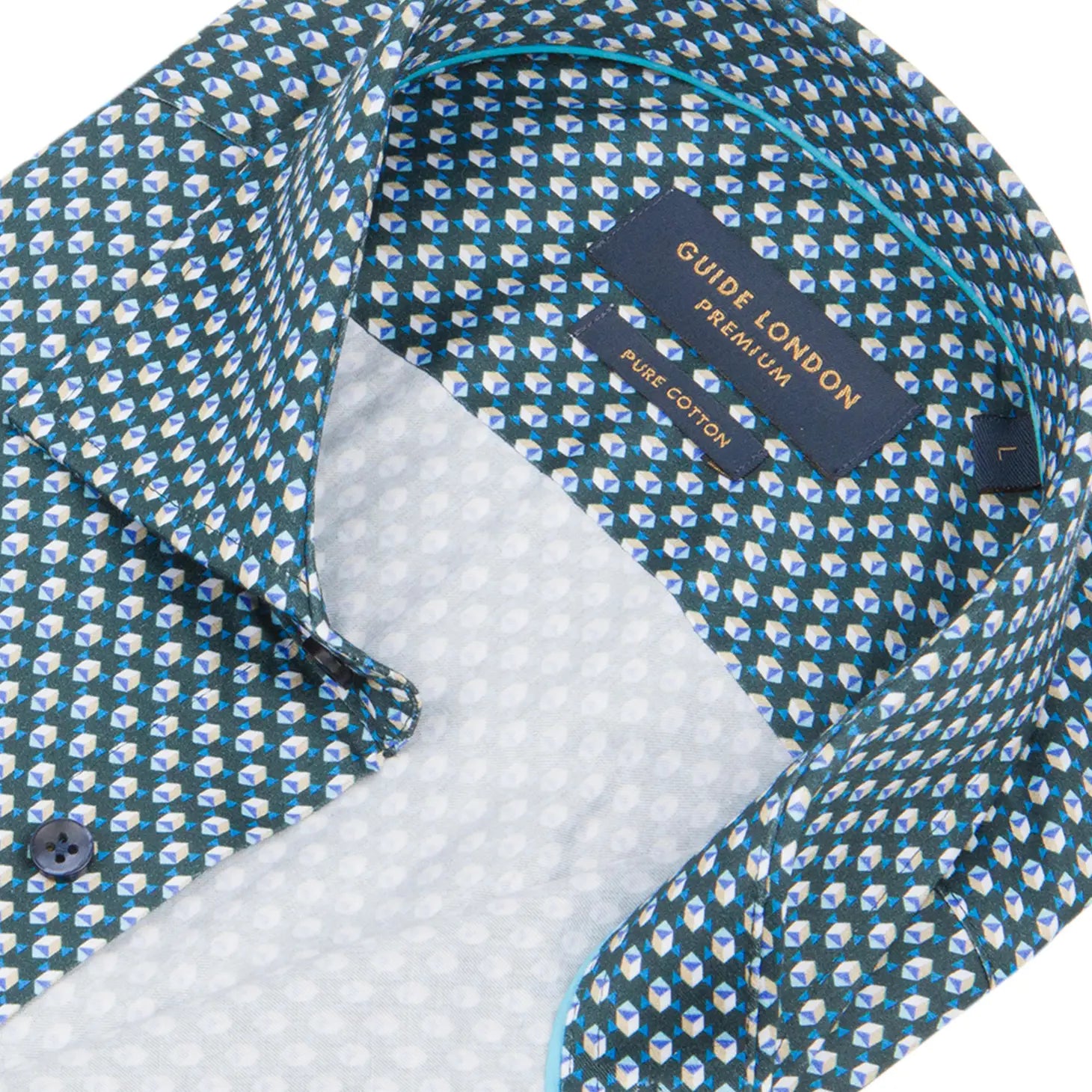 Faire,Guide London, Guide London Turquoise And White Geometric Print Long Sleeve Button Up Shirt, Blue, Large-47-TagXL
