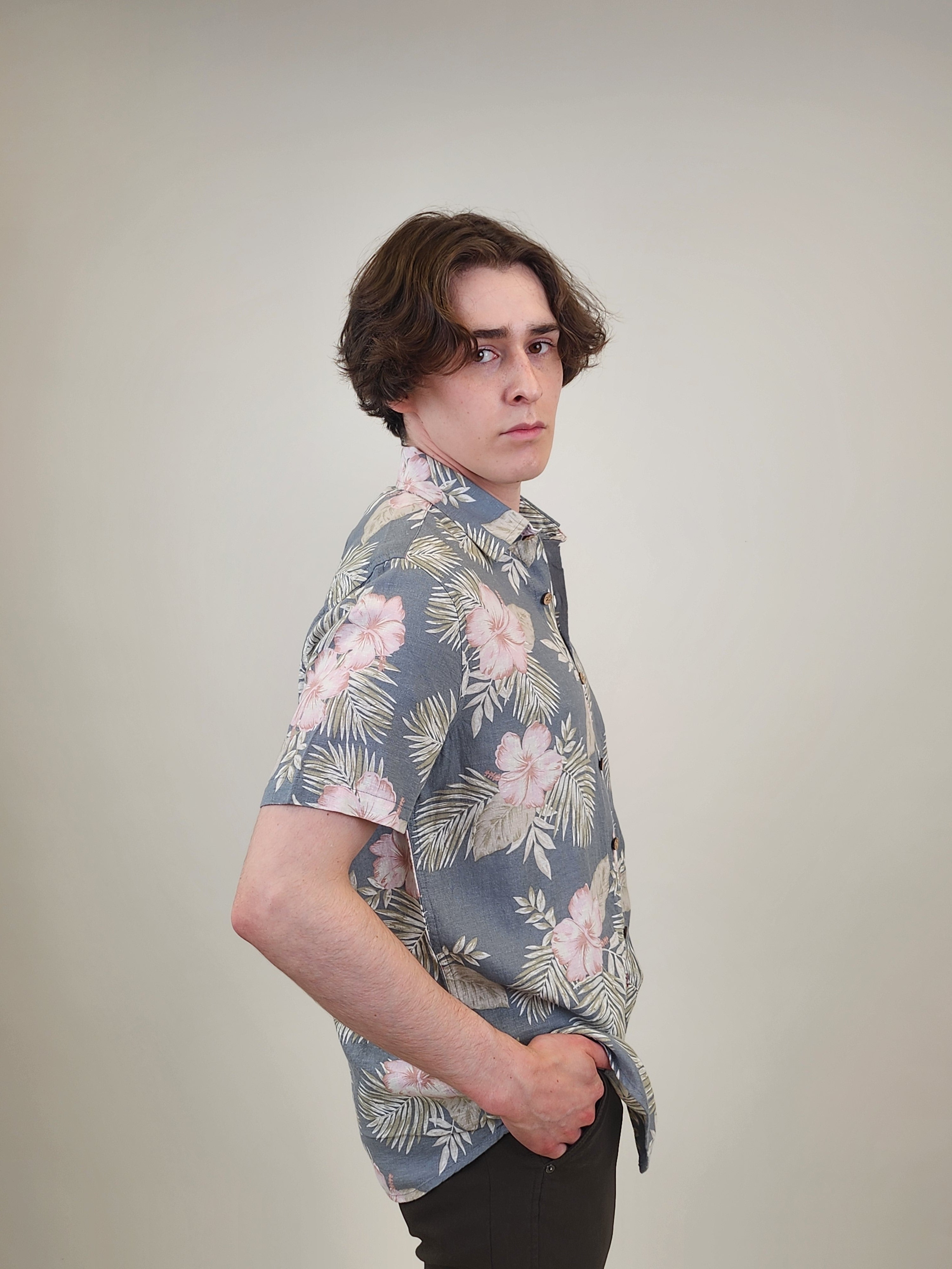 Wholesale,Projek Raw, Projek Raw Charcoal/Pink Tropical Linen Blend Short Sleeve Shirt, Grey, Small-41-TagSMedium-43-TagMLarge-46-TagLExtra Large-48-TagXLExtra Extra Large-50-TagXXL