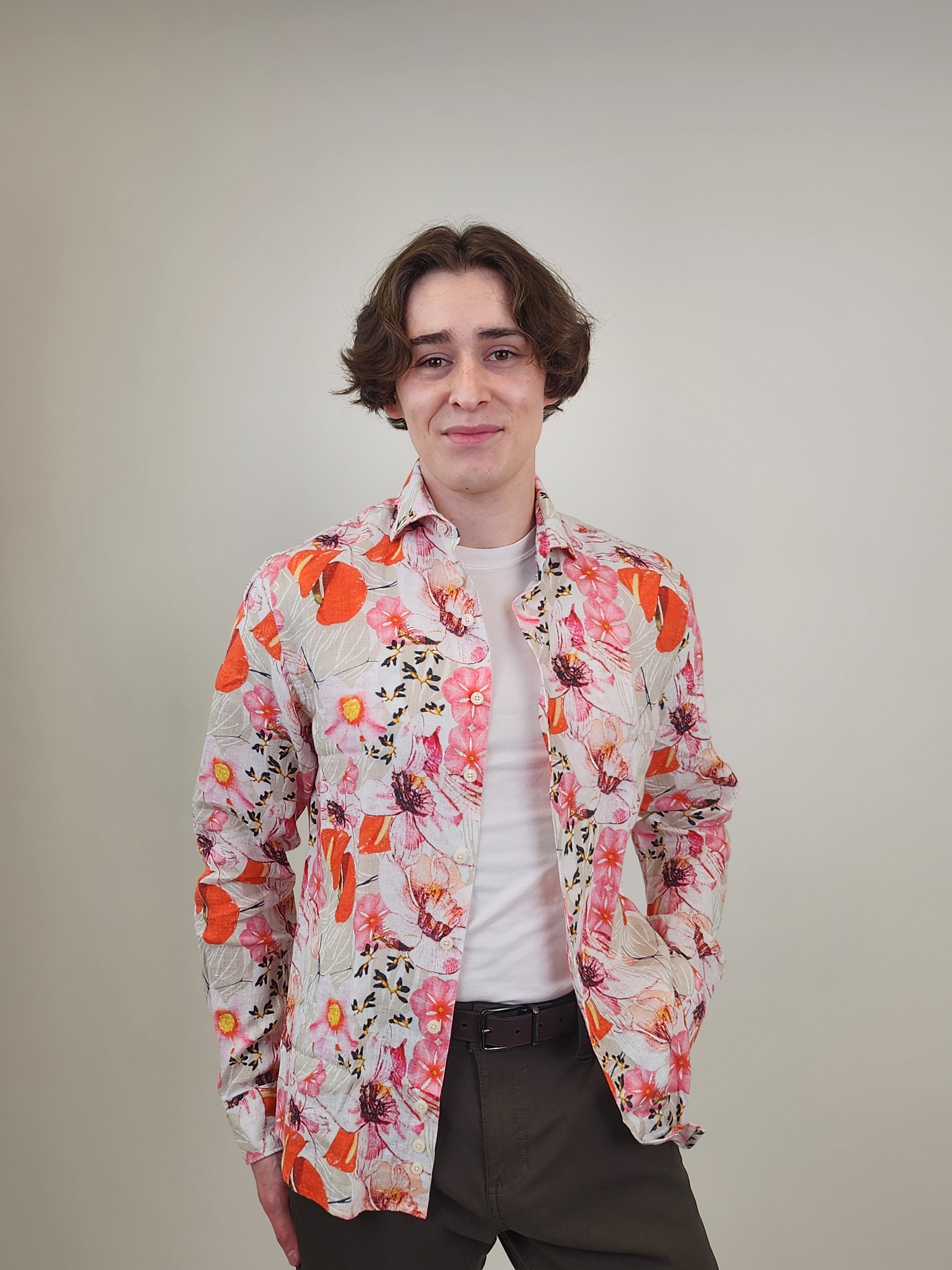 Brand Partner,R2 Amsterdam, R2 Amsterdam Vivid Orange Tropical Print Linen Shirt, Orange, Large-46-TagL